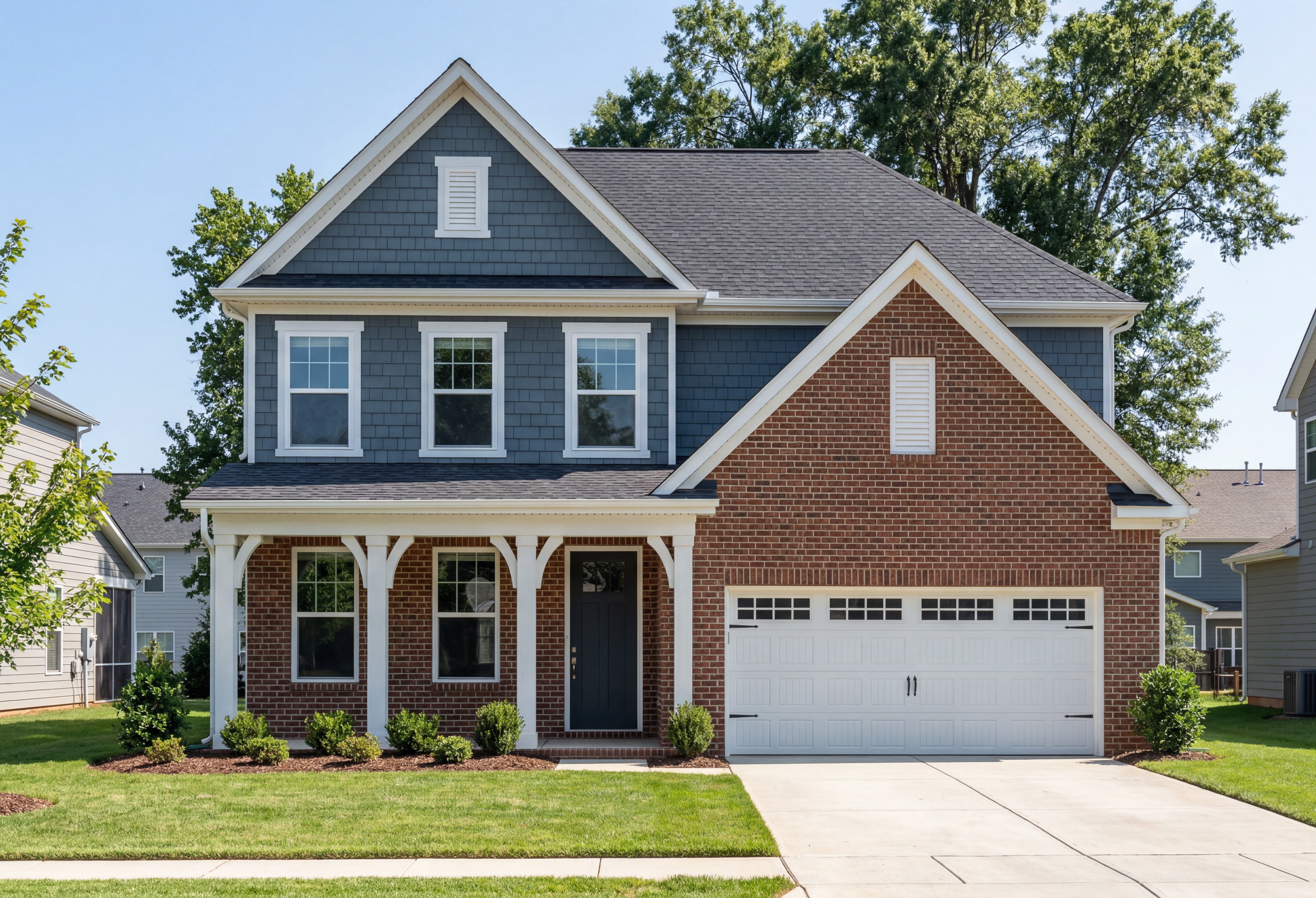 Two-story Ashport G elevation by Davidson Homes featuring brick and vinyl exterior, covered porch, 2-car garage in Belmont NC