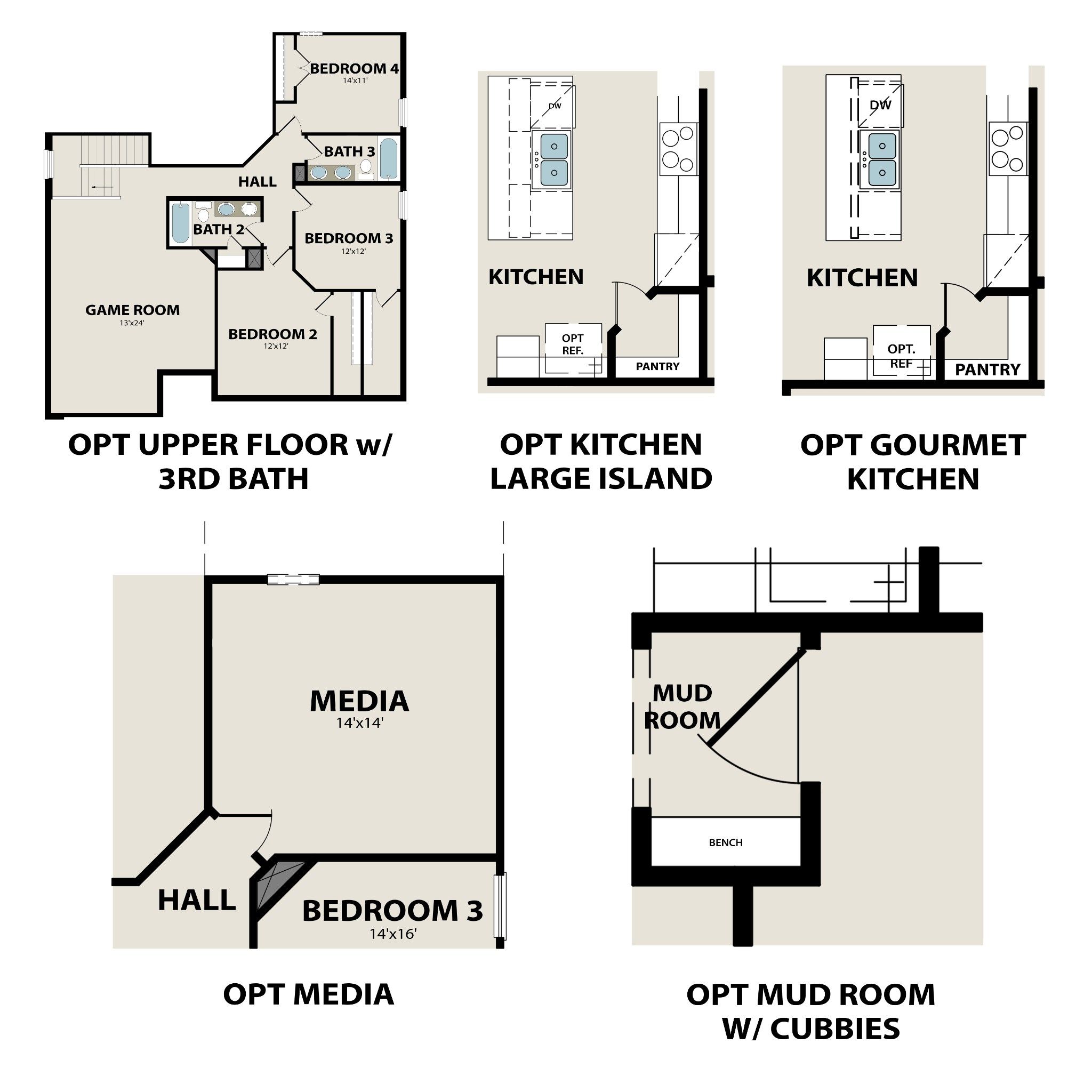 Ridgeport E floor plan diagrams showing main level, optional upper floor, gourmet kitchen, media room, mud room in 4-bedroom Davidson Homes, Mt. Juliet