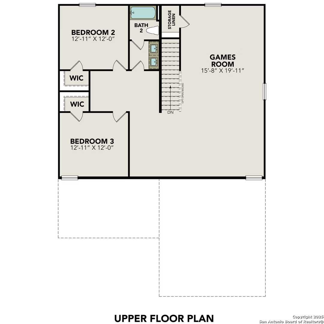 Upper floor plan of The Douglas E 4-bedroom home with Bedroom 2, games room, baths, and storage in Bricewood, San Antonio, Texas