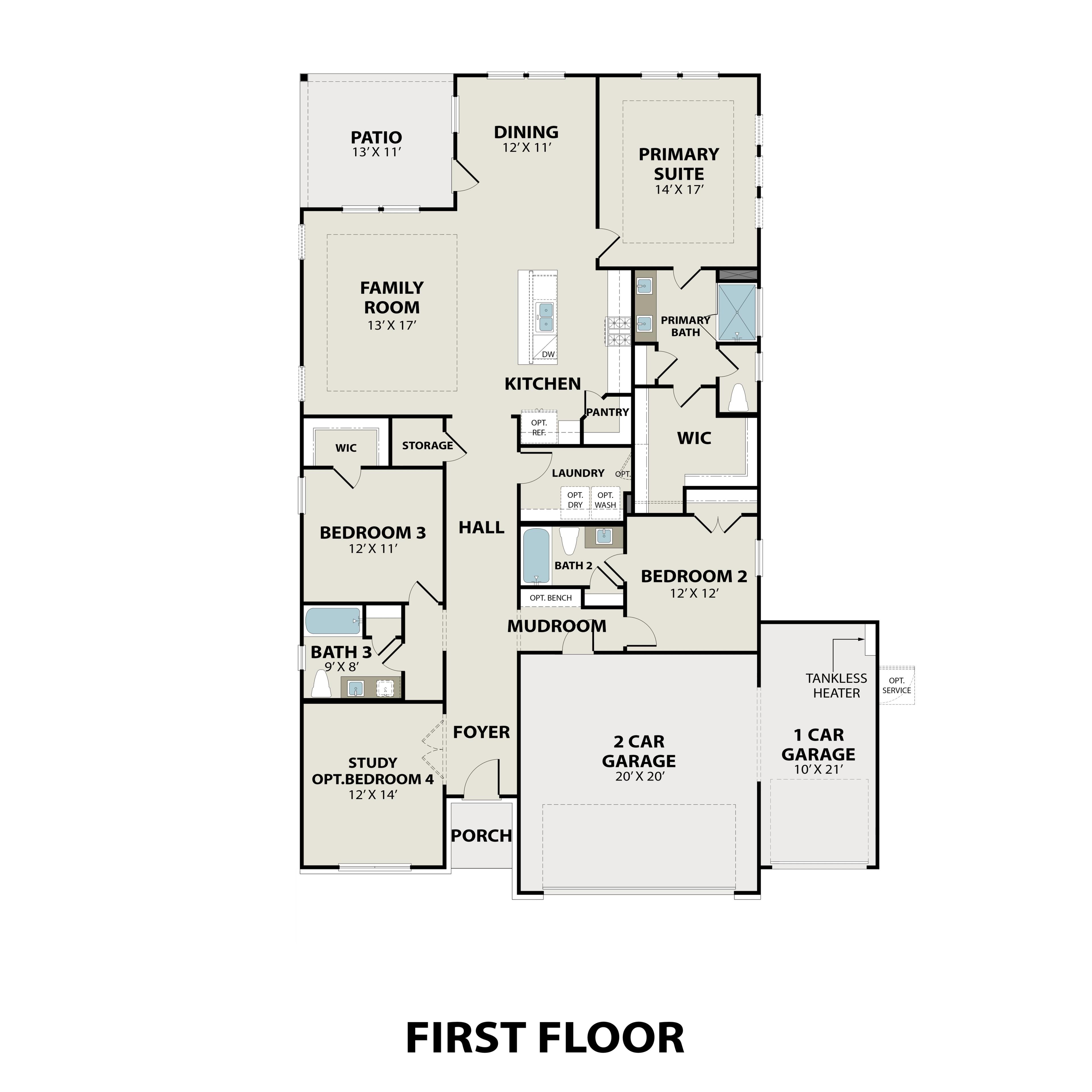 First floor plan of The Everett E showcasing primary suite, open kitchen, family room, 3-car garage in Dayton TX home