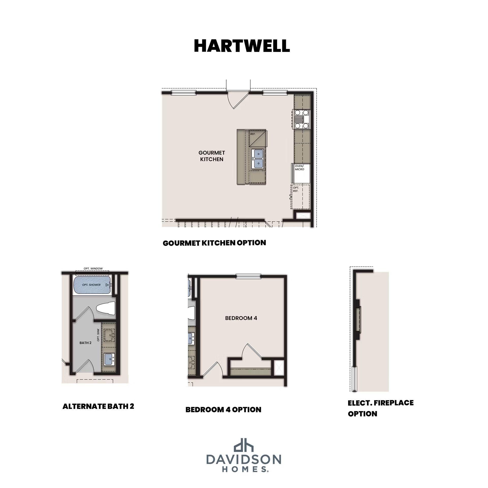 Hartwell B floor plan showcasing gourmet kitchen, alternate bath 2, bedroom 4 option, electric fireplace by Davidson Homes in The Bluffs, Canton, GA