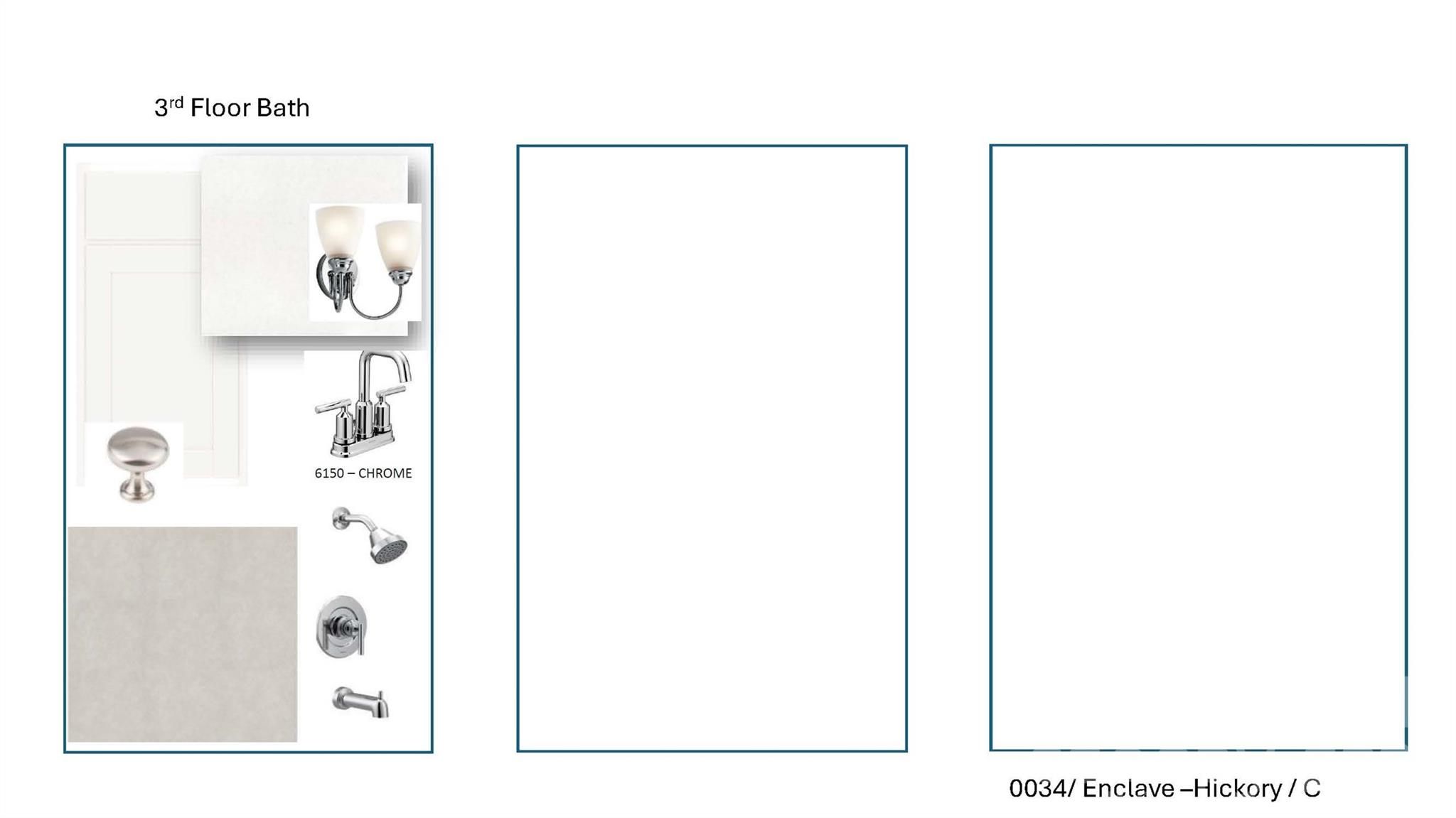 Design selection board for 3rd floor bath featuring white cabinets, chrome fixtures, and neutral tile in The Hickory C by Davidson Homes