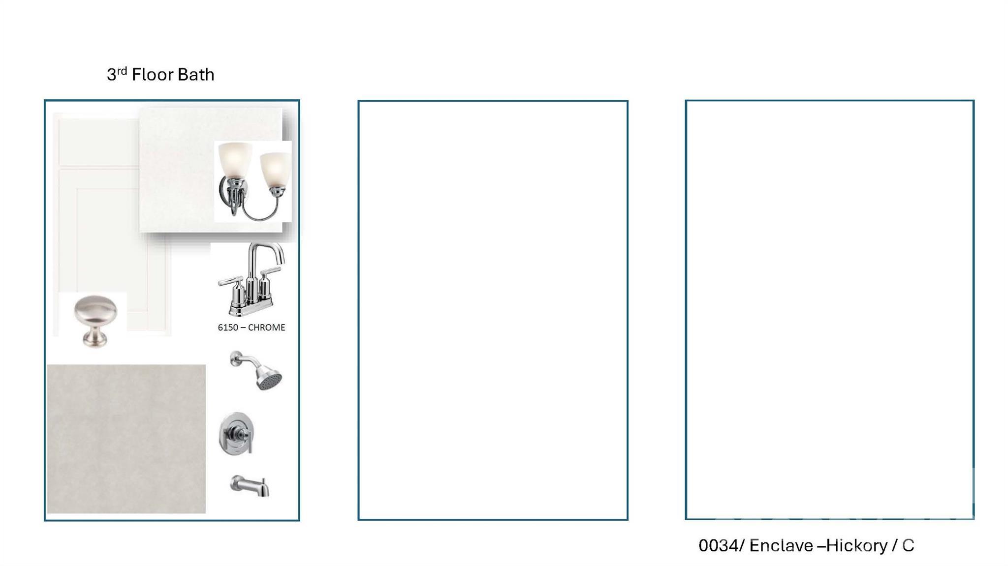 Design selection board for 3rd floor bath featuring white cabinets, chrome fixtures, and neutral tile in The Hickory C by Davidson Homes