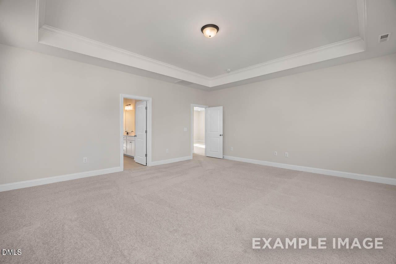 Spacious empty master bedroom with tray ceiling, en-suite bath door, and neutral carpet in Davidson Homes The Crawford D, Angier, NC