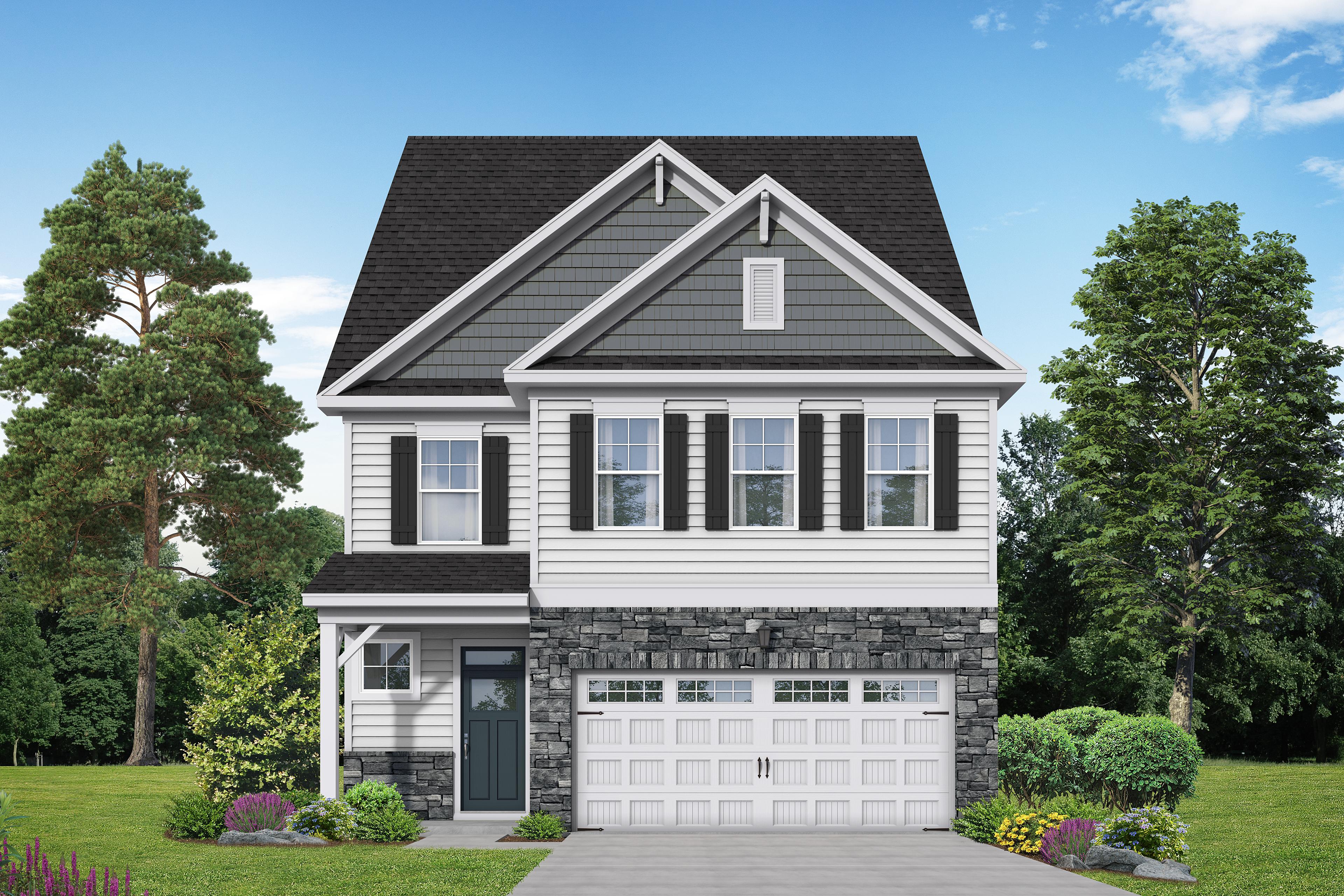 Two-story Gavin C home exterior with gray siding, stone accents, black roof, two-car garage, and landscaped yard in Lillington NC