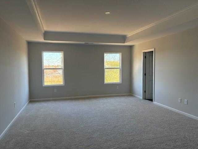 Spacious empty bedroom with tray ceiling, large windows, and beige carpet in Davidson Homes Cary A, Winder, Georgia