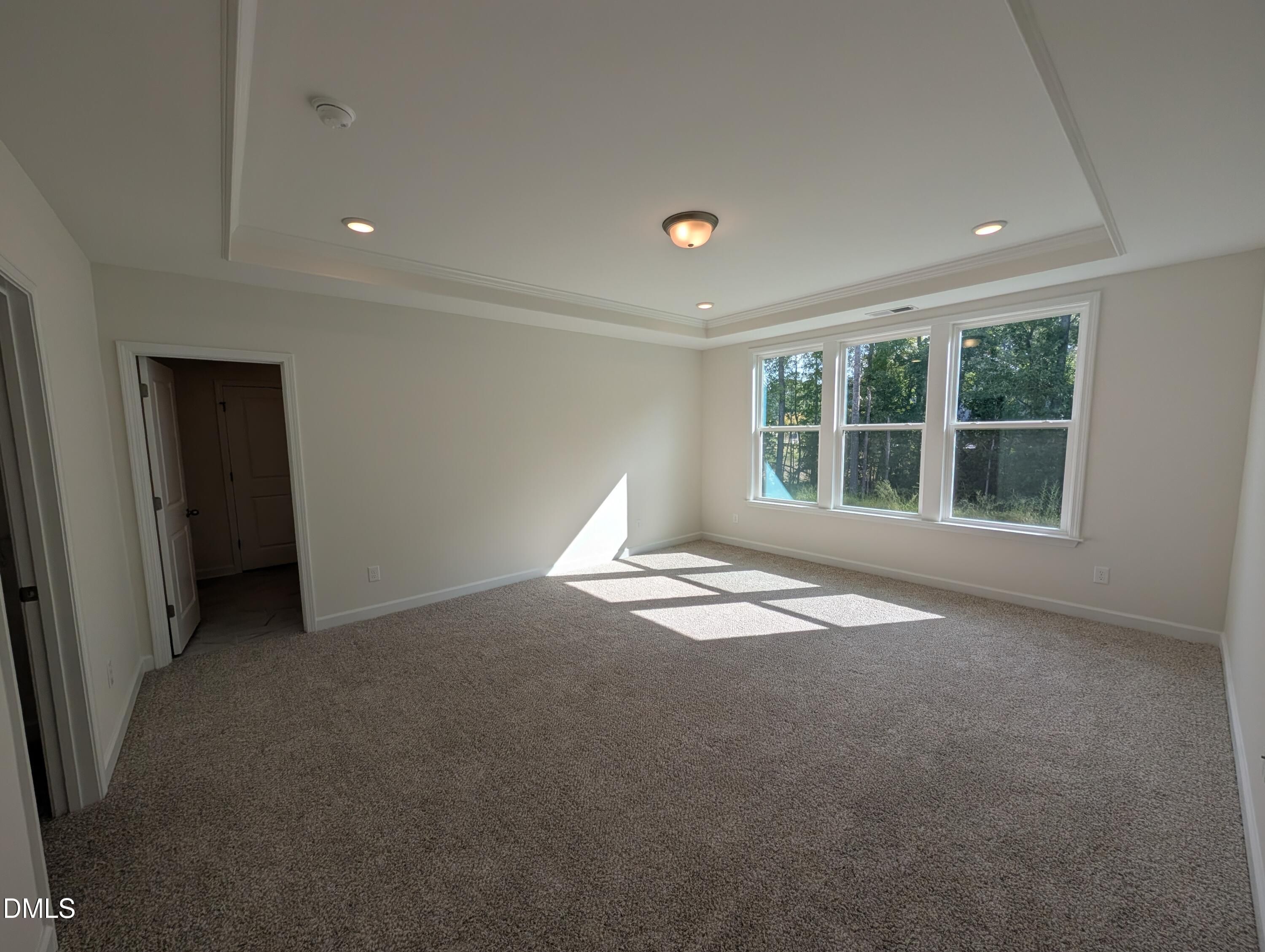 Bright carpeted primary bedroom with tray ceiling and large windows in Davidson Homes The Magnolia A, Wendell Ridge, NC