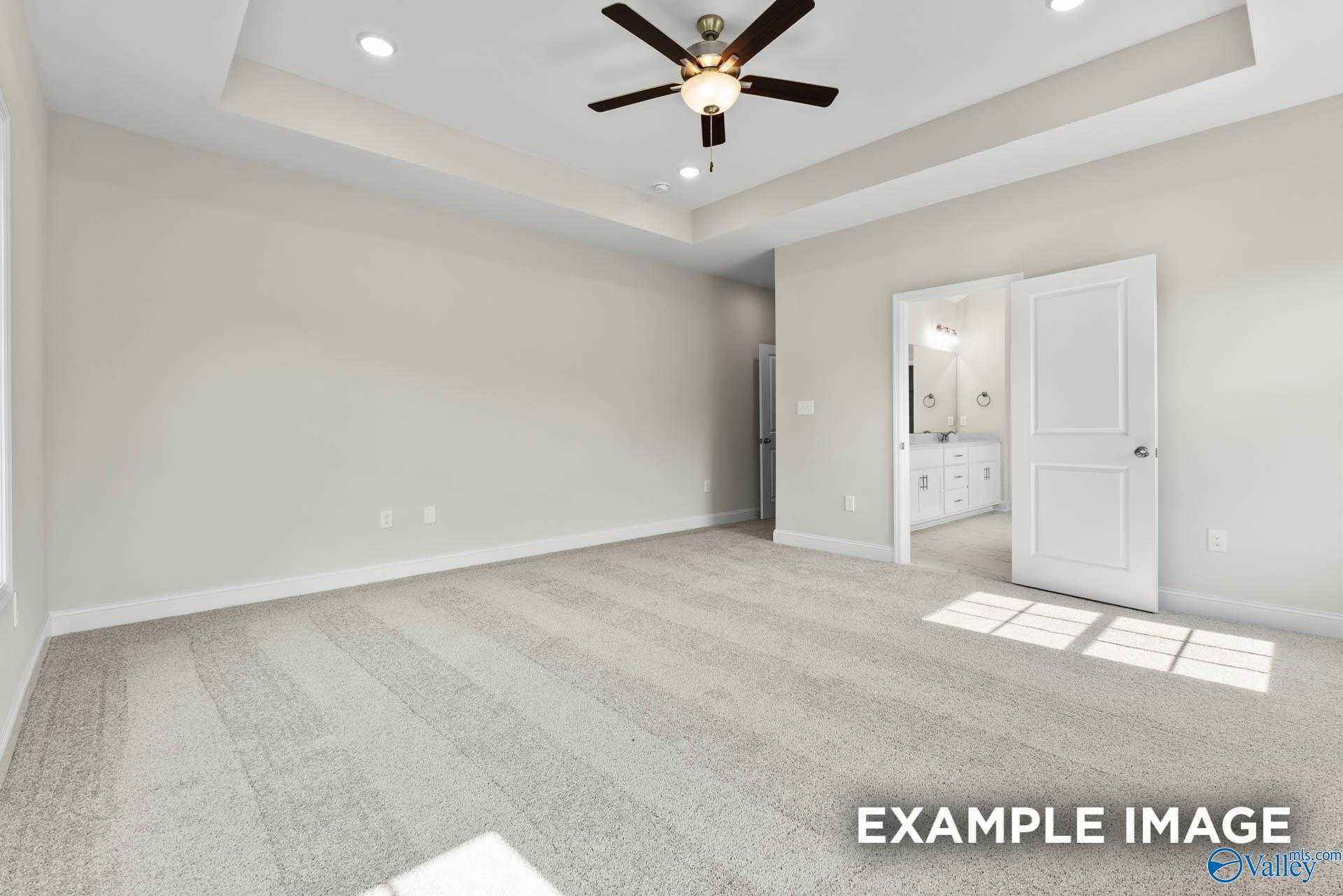 Spacious master bedroom with ceiling fan, tray ceiling, and en-suite bath in Davidson Homes The Finleigh, Meridianville, AL