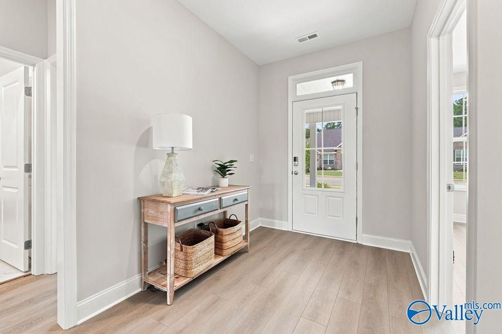 Bright foyer with glass-panel front door, wood-look flooring, and console table in The Harrison floor plan, Hartselle, Alabama