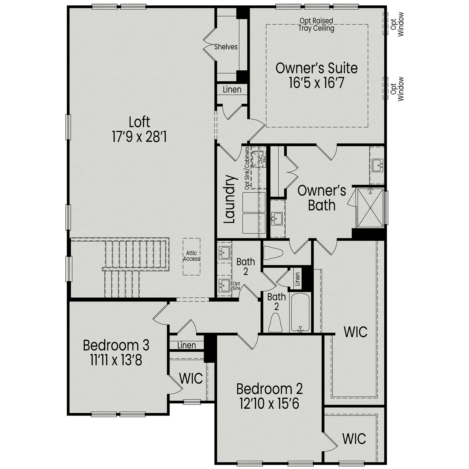 Second floor plan of The Aspen by Davidson Homes: owner's suite 16x17, loft 17x28, bedrooms 2 & 3 with WICs, baths