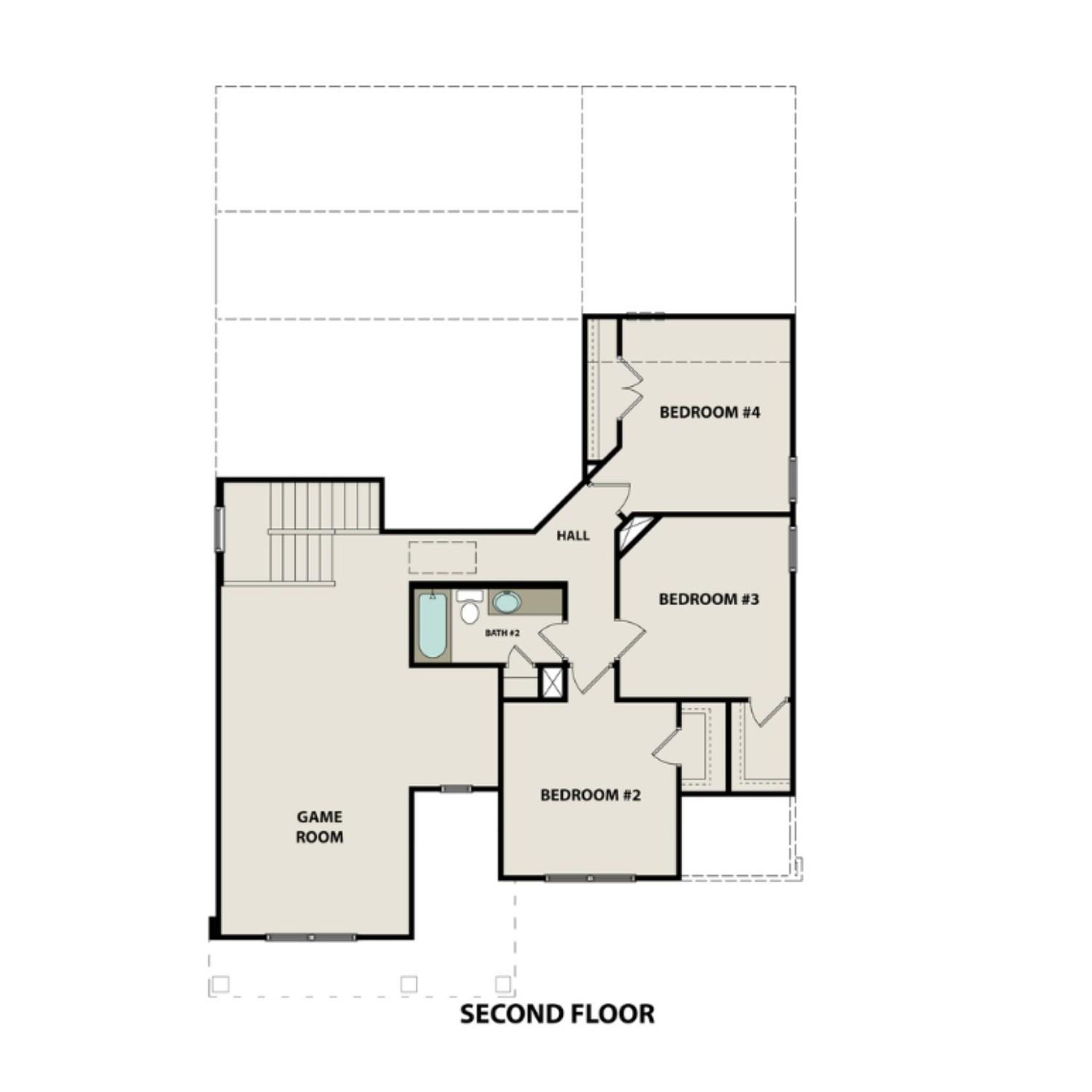 Second floor plan of The Ridgeport C featuring game room, bedrooms 2-4, bath 2, hallway, and stairs in Gallatin, Tennessee home