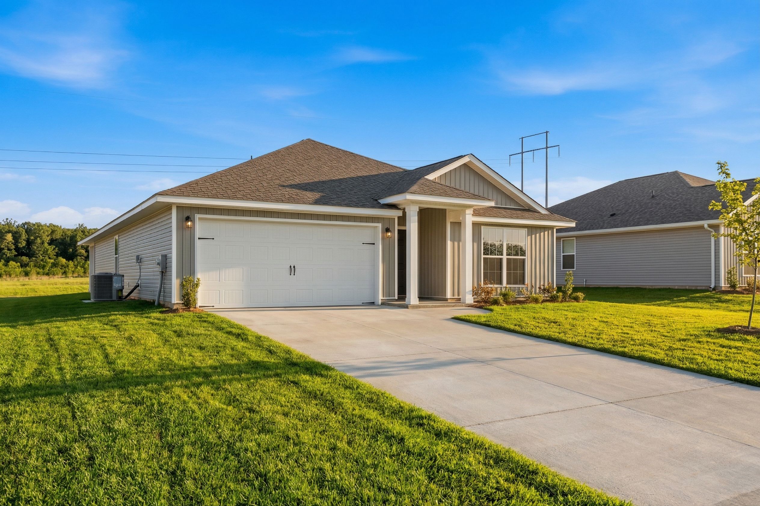 Modern single-story The Daphne V home elevation with beige siding, shingled roof, 2-car garage, and landscaped yard in Meridianville