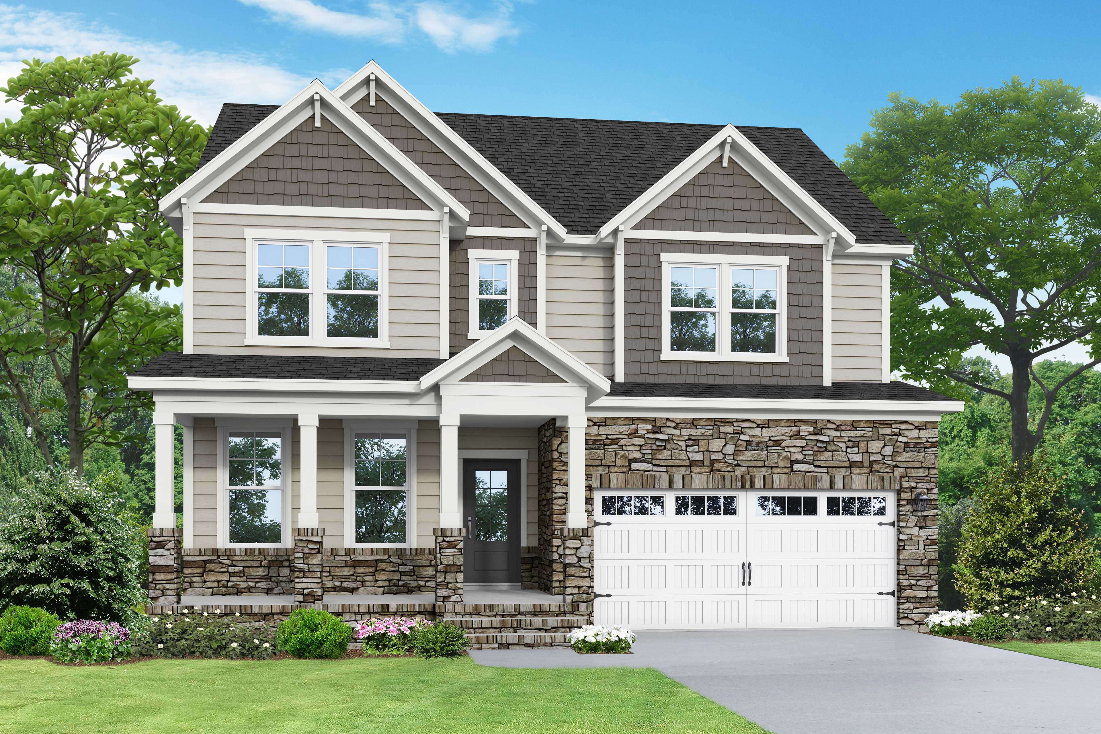 Two-story Chestnut D home elevation by Davidson Homes in Belmont NC, with stone base, siding, covered porch, and 2-car garage
