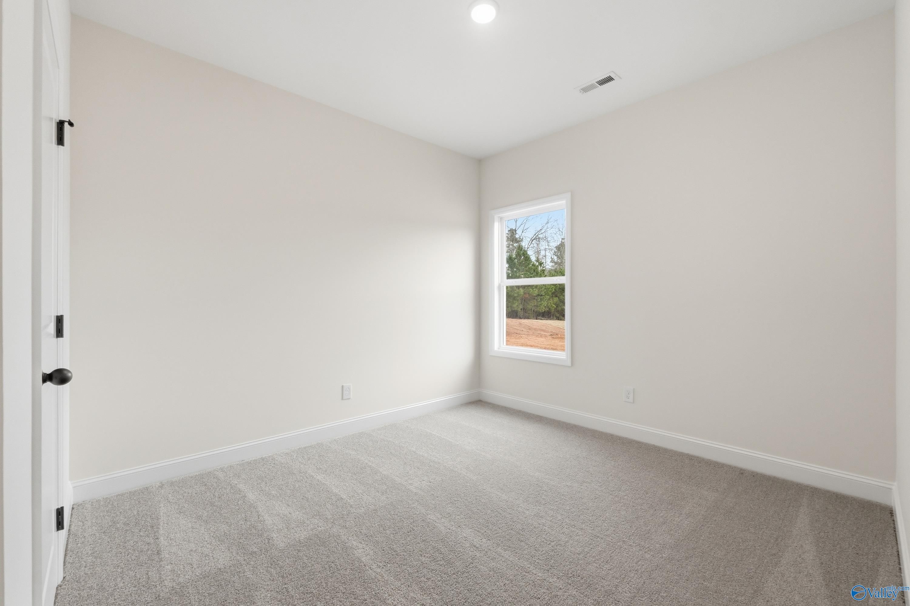 Bright empty secondary bedroom with beige walls, carpet floor, and large window overlooking trees in The Asheville C, Arab, Alabama