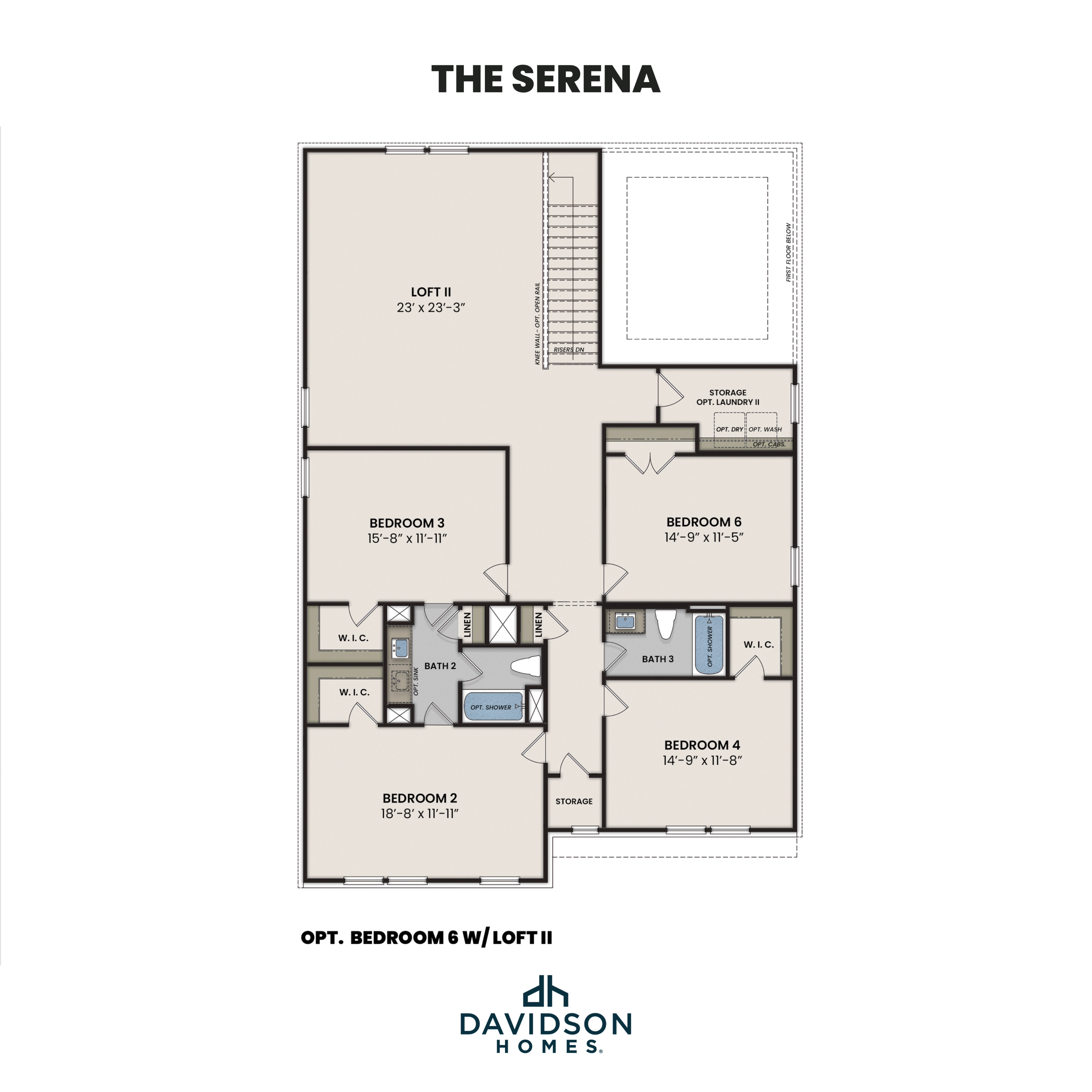 The Serena second floor plan featuring Loft II, bedrooms 2-4 and optional 6, baths 2-3, storage, Davidson Homes design