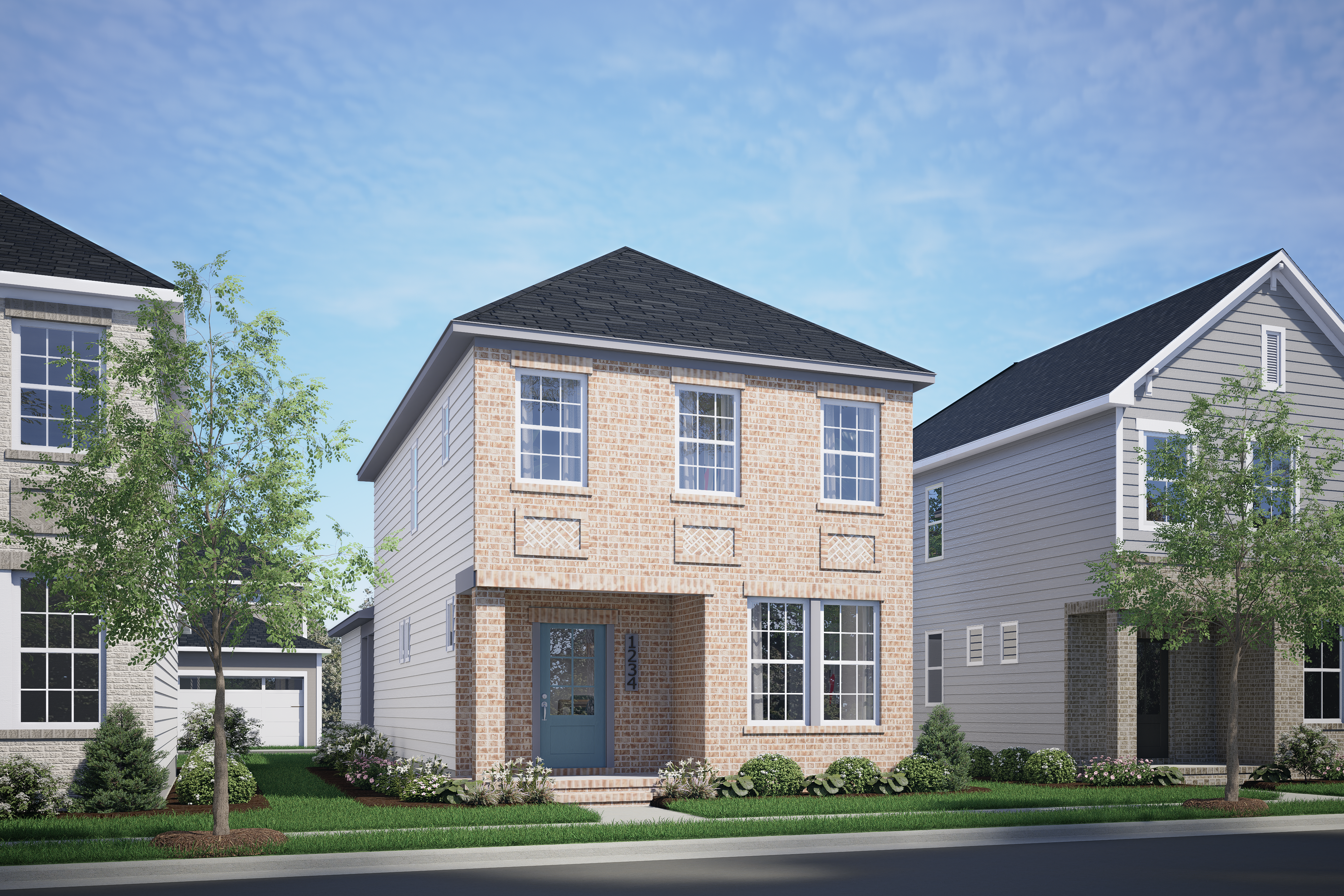 Charming two-story brick facade of The Burke E 3-bedroom home with 2-car garage, blue door, and lush landscaping in Knightdale NC