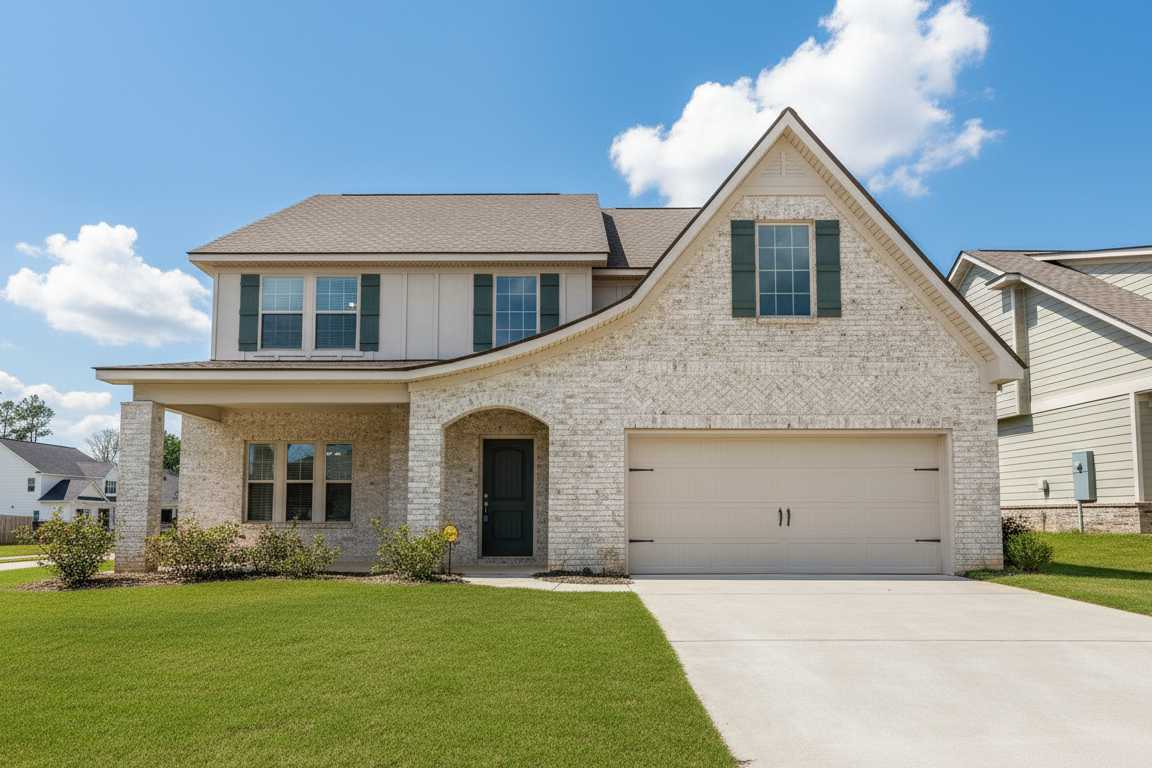 Craftsman brick home exterior at Links Crossing in Auburn Alabama with covered front porch and attached garage