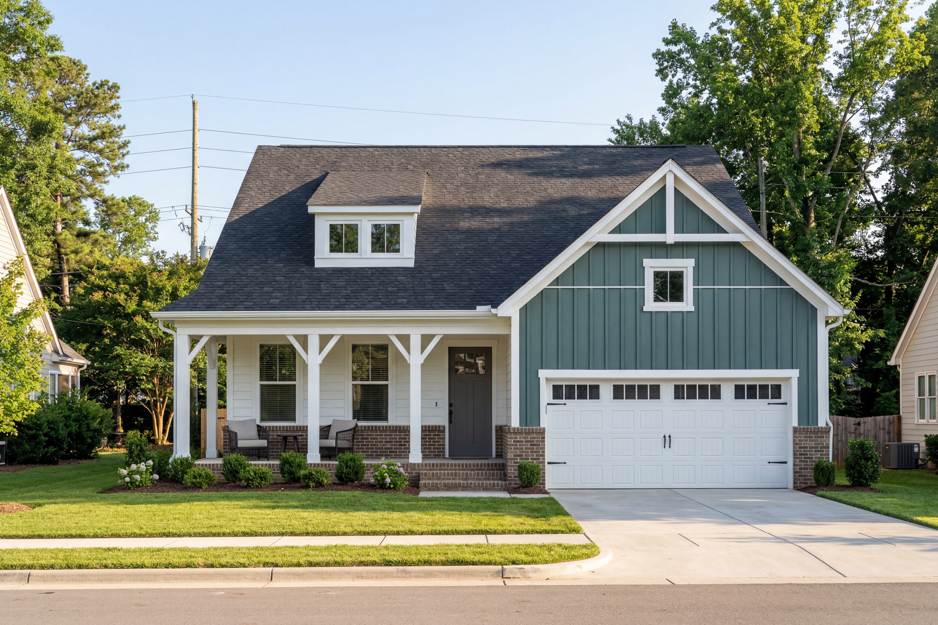 The Birch II E two-story home exterior with blue siding, gabled roof, covered porch, and two-car garage in Wake Forest NC
