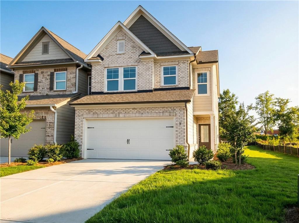 Modern two-story Cary A home by Davidson Homes with brick facade, two-car garage, and manicured lawn in Lake Shore, Winder, Georgia