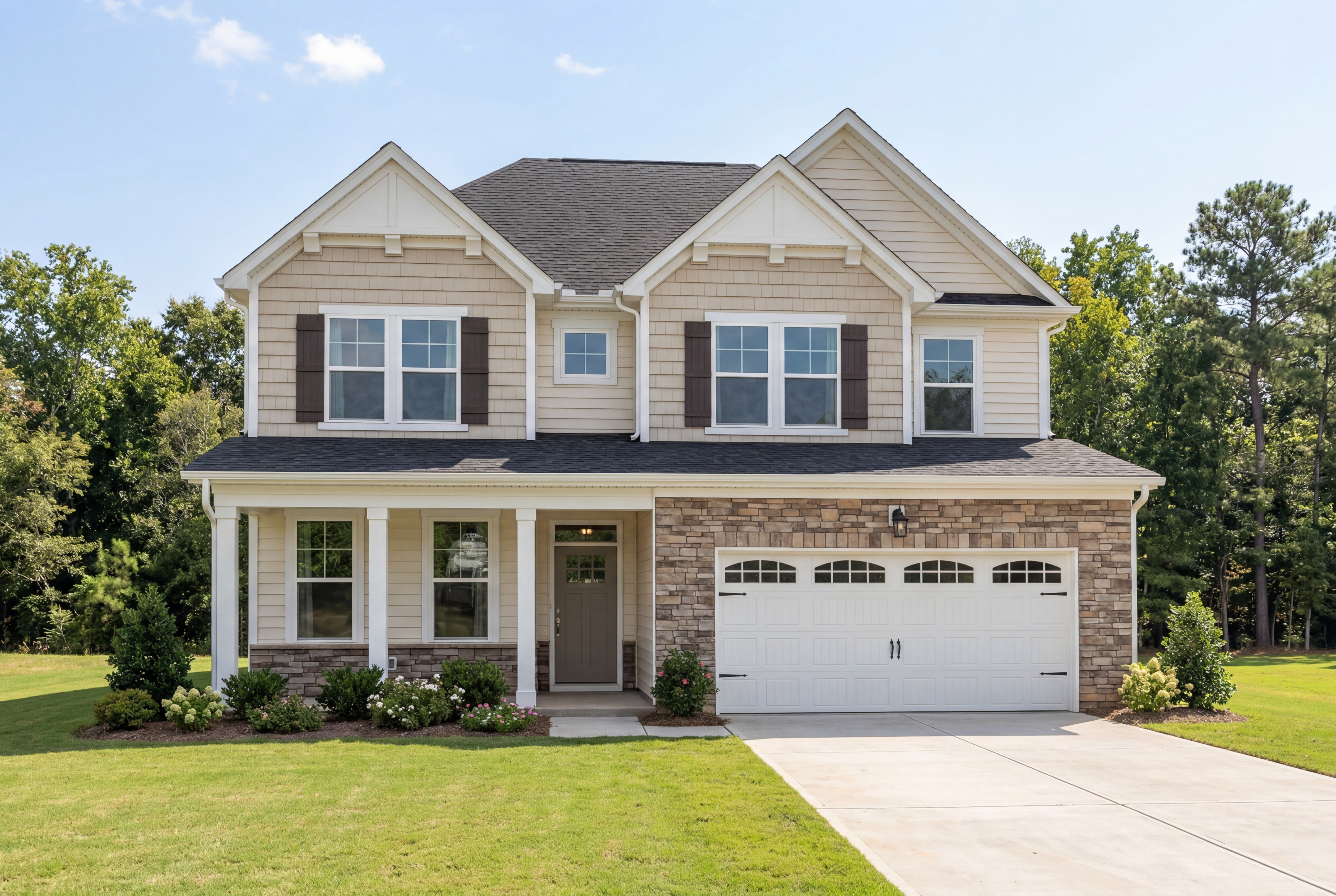 Two-story The Willow D home exterior with beige siding, stone garage accents, covered porch, and landscaped yard in Mooresville NC