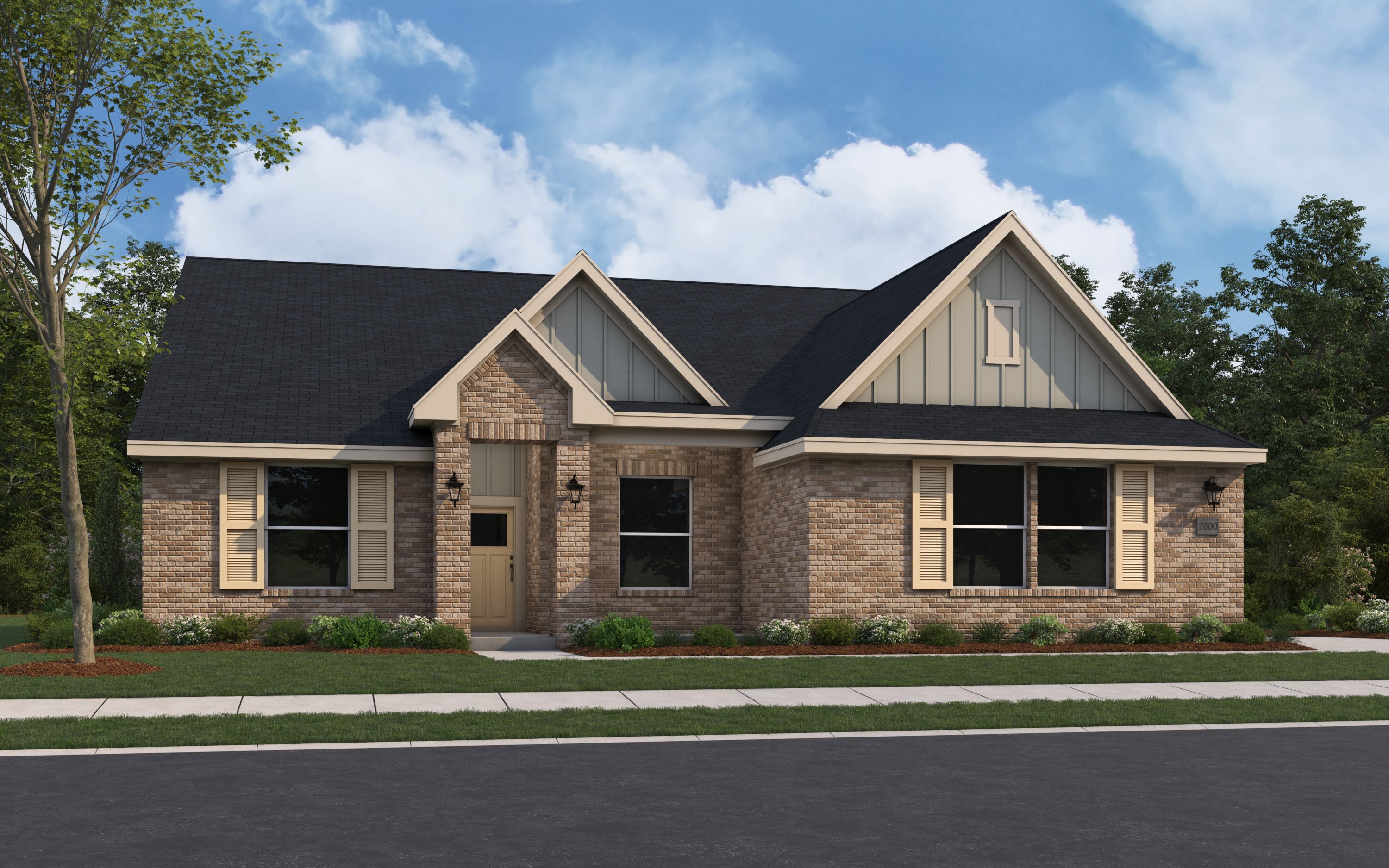 Brick exterior elevation of The Arcadia E single-story home with gabled roof, large windows, and landscaped yard in Owens Cross Roads