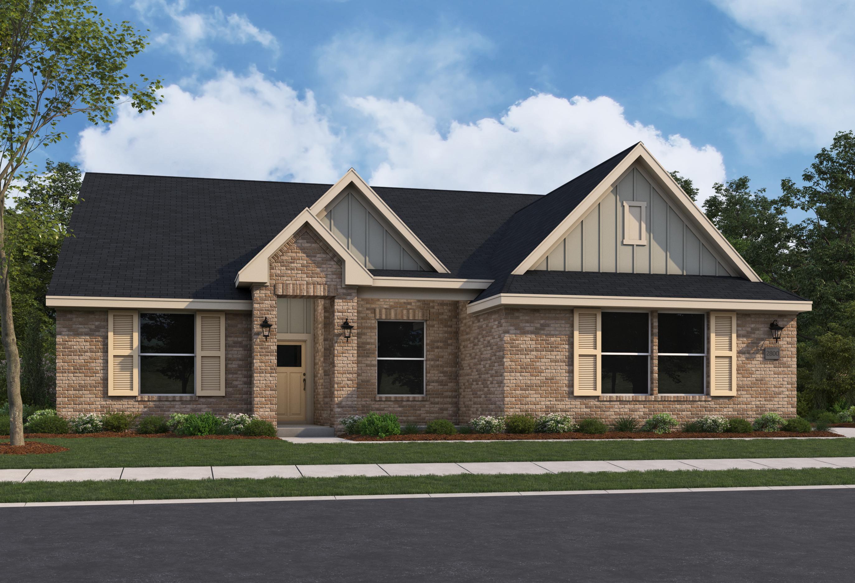 Brick exterior elevation of The Arcadia E single-story home with gabled roof, large windows, and landscaped yard in Owens Cross Roads