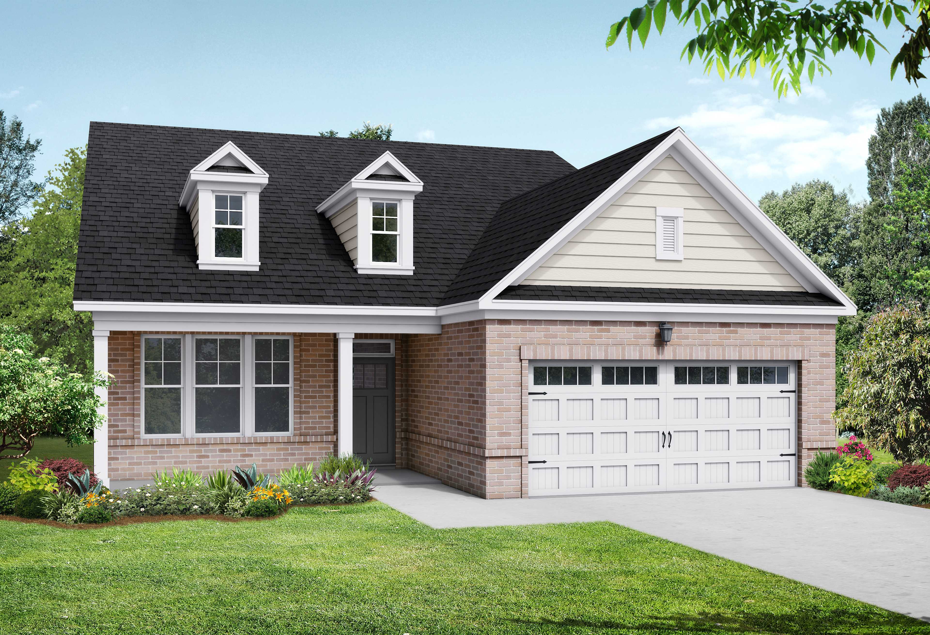 Two-story Birch II C home exterior by Davidson Homes in Wake Forest, NC, with brick siding, gabled roof, 2-car garage, and landscaped yard