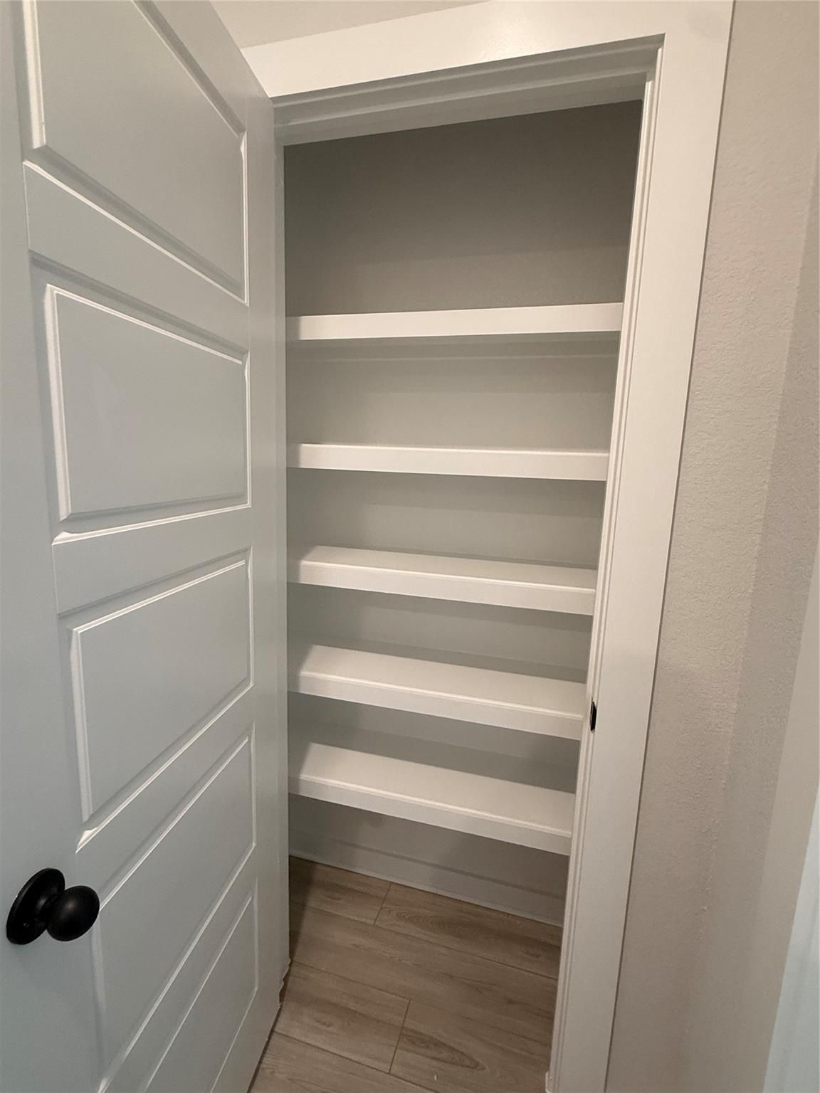 Walk-in pantry with white built-in shelving in The Sorrento E floor plan at Sundance Cove, Crosby, Texas.