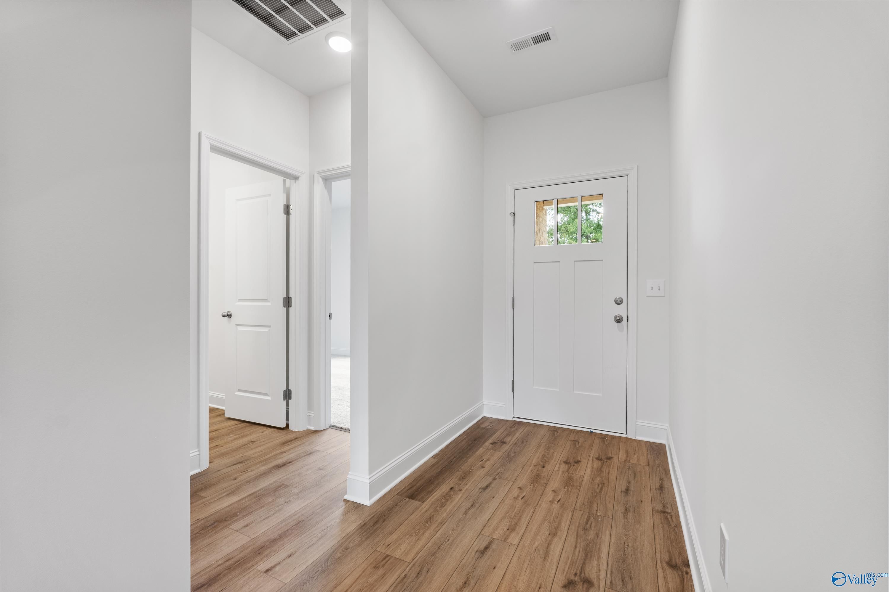 Bright entry hallway with hardwood floors, white doors, and front entry door in 3-bedroom Davidson Homes The Asheville C, New Market, Alabama