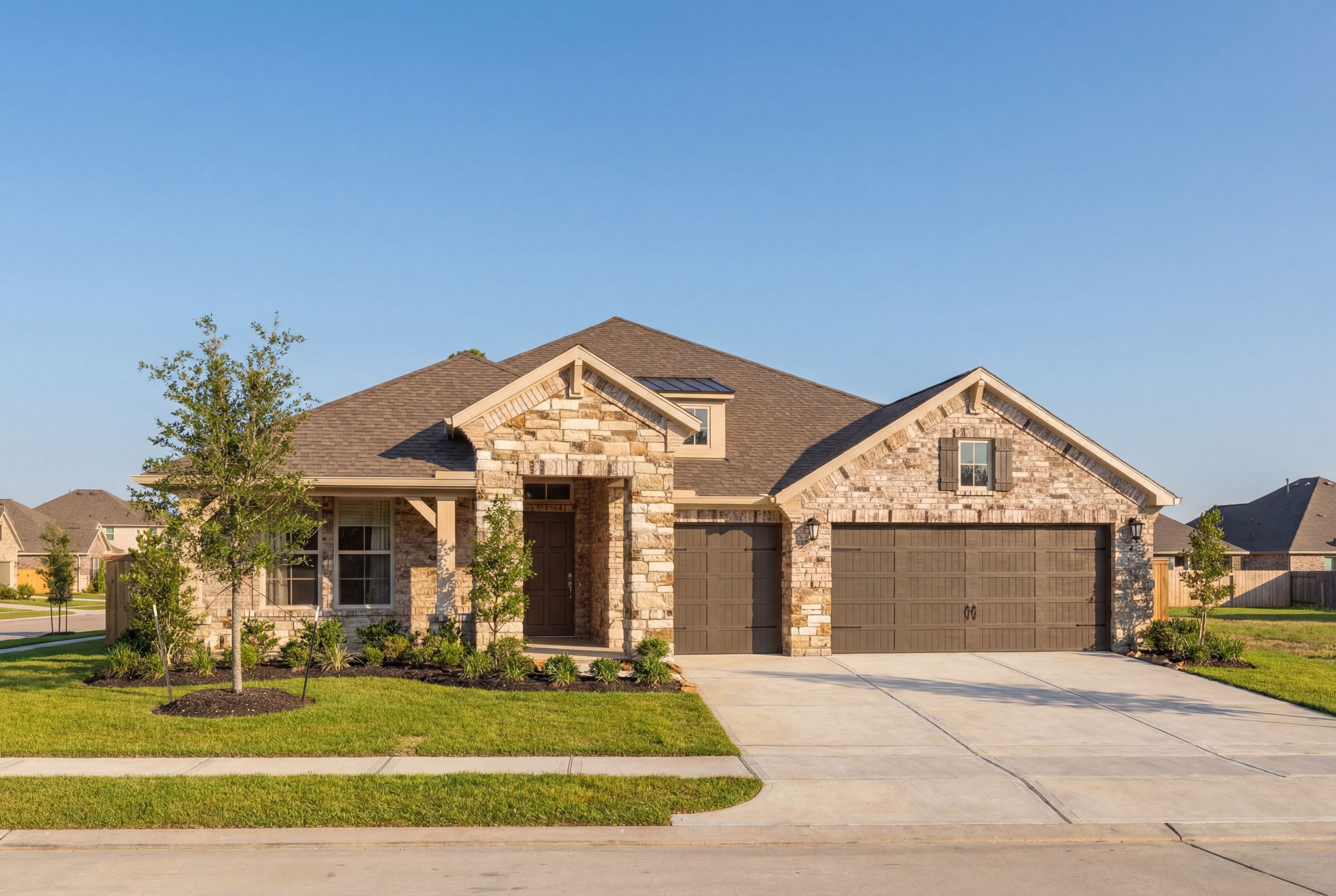 Single-story elevation of The George C home design featuring stone accents, gabled roof, and 3-car garage in Rosharon, Texas