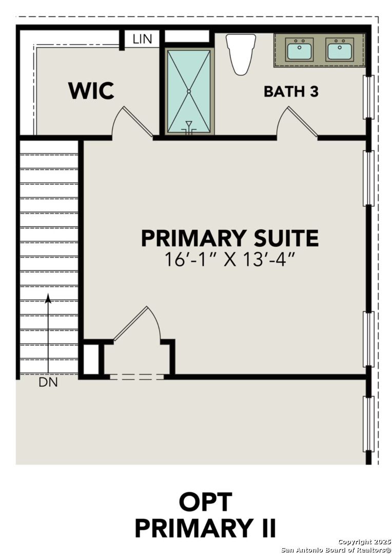 Upper level floor plan of The Douglas E showing 16x13 primary suite, walk-in closet, Bath 3, and stairs in Davidson Homes Royal Crest, San Antonio