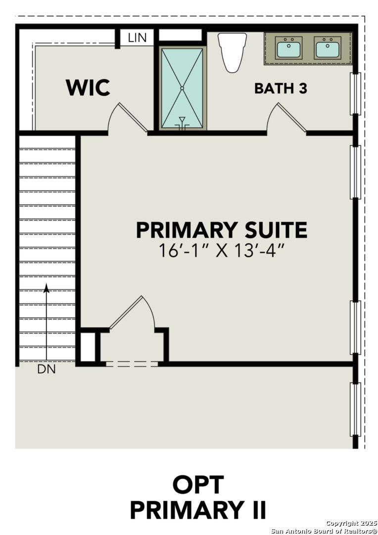 Upper level floor plan of The Douglas E showing 16x13 primary suite, walk-in closet, Bath 3, and stairs in Davidson Homes Royal Crest, San Antonio