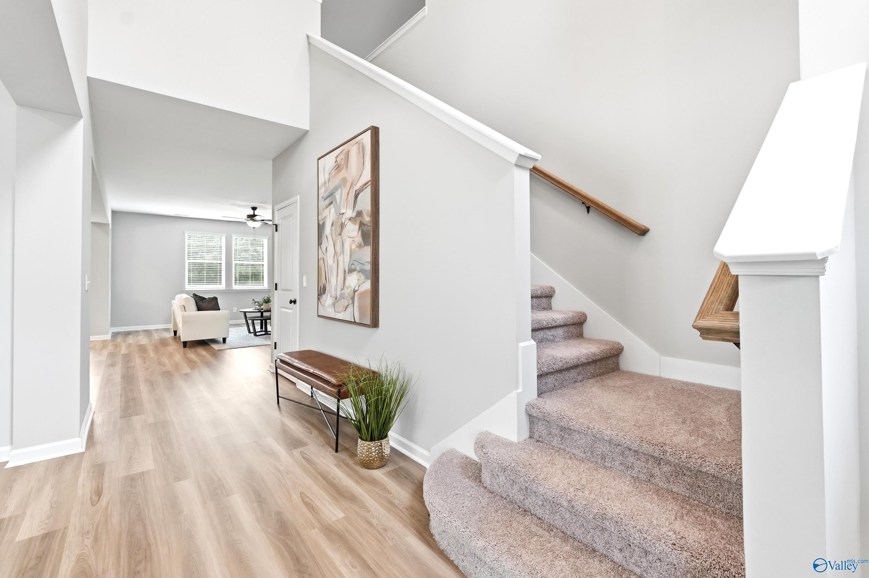 Bright open foyer with wood floors, carpeted staircase, and modern decor in The Dorado floor plan, Riverton Preserve, AL.