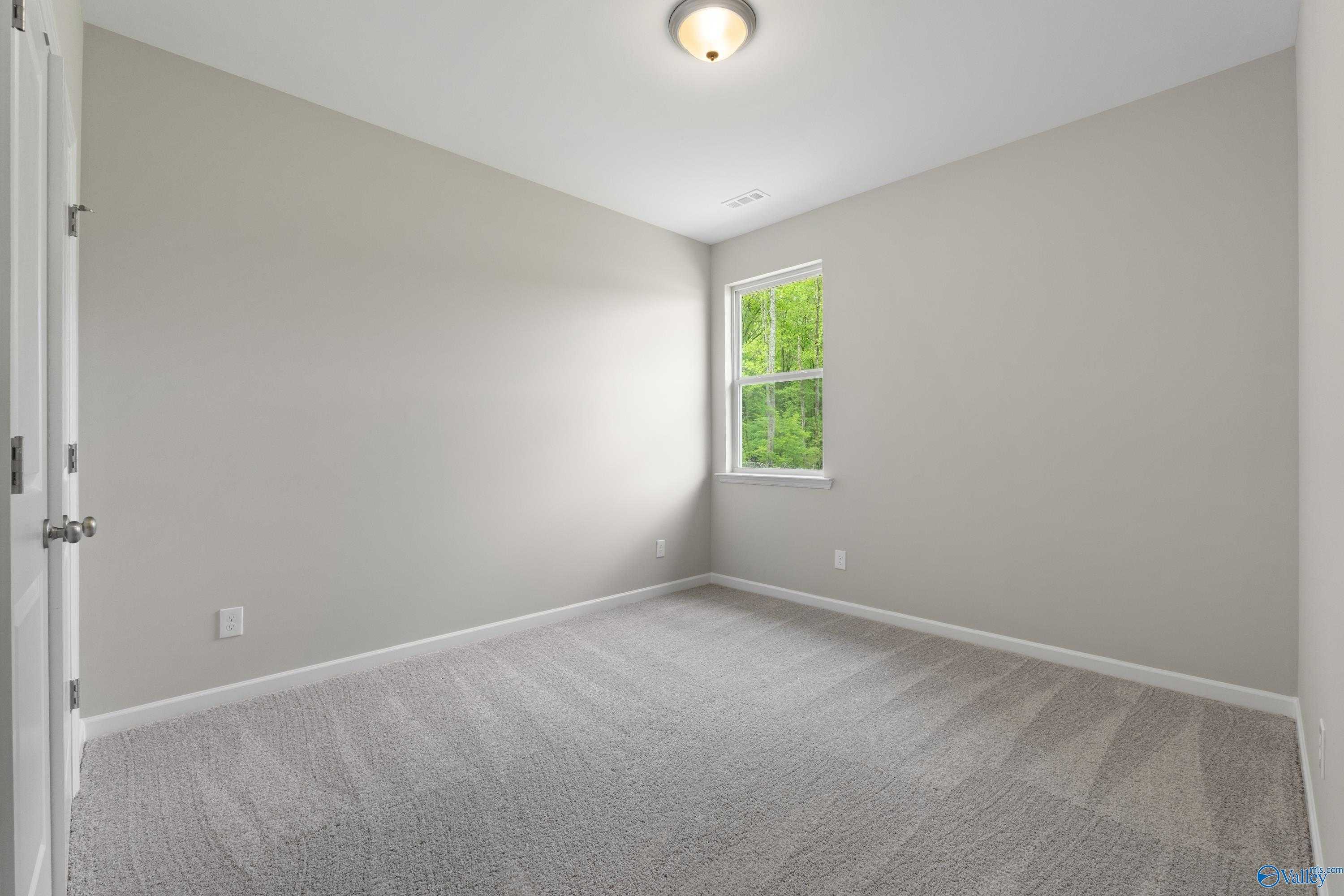 Bright secondary bedroom with neutral beige walls, plush carpet, and large window in Davidson Homes The Luna, Hazel Green, Alabama
