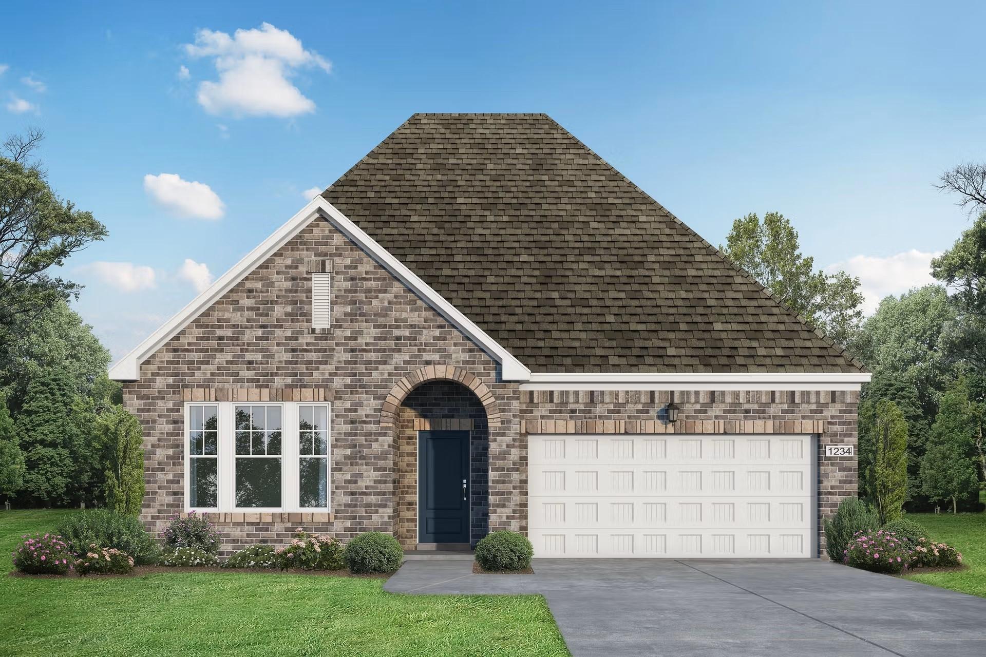 Brick single-story home with arched entry, white 2-car garage, lush flower beds, and green lawn in Mercer Meadows, Royse City, Texas
