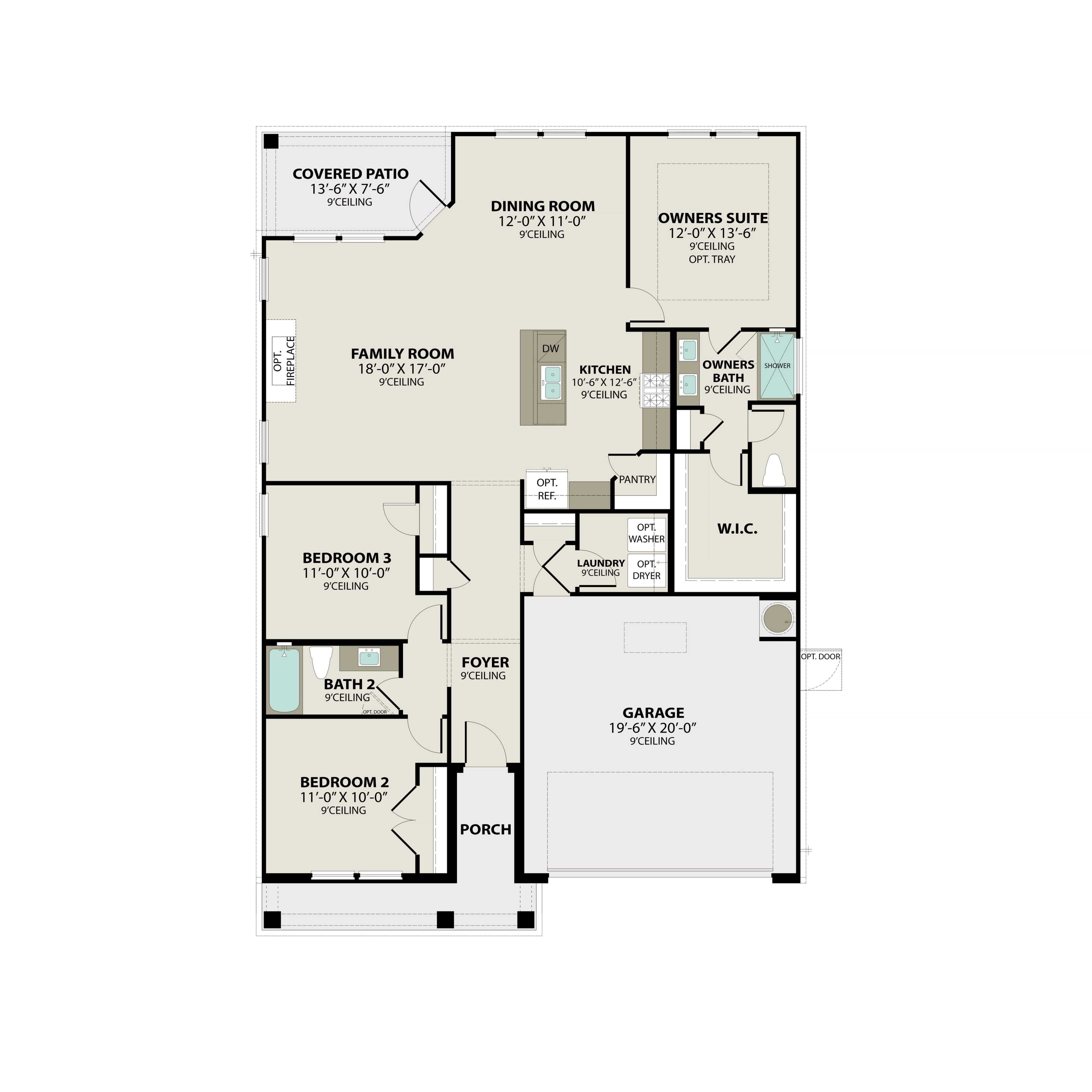 First floor plan of The Franklin B featuring 3 bedrooms, open family room, kitchen, dining area, and 2-car garage