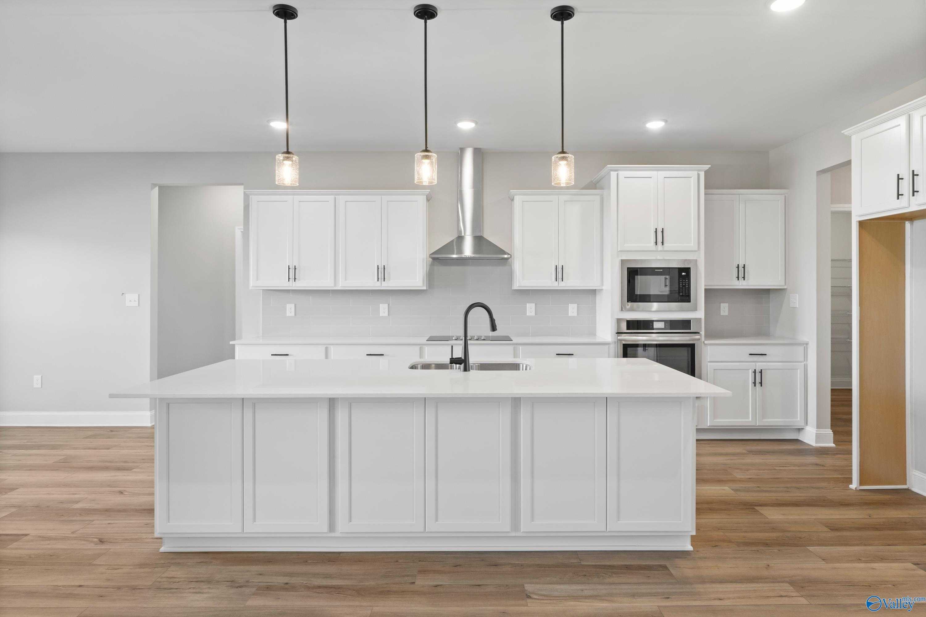Modern white kitchen with spacious island sink, stainless range hood, ovens, and pendant lights in Davidson Homes The Valencia, Meridianville, Alabama