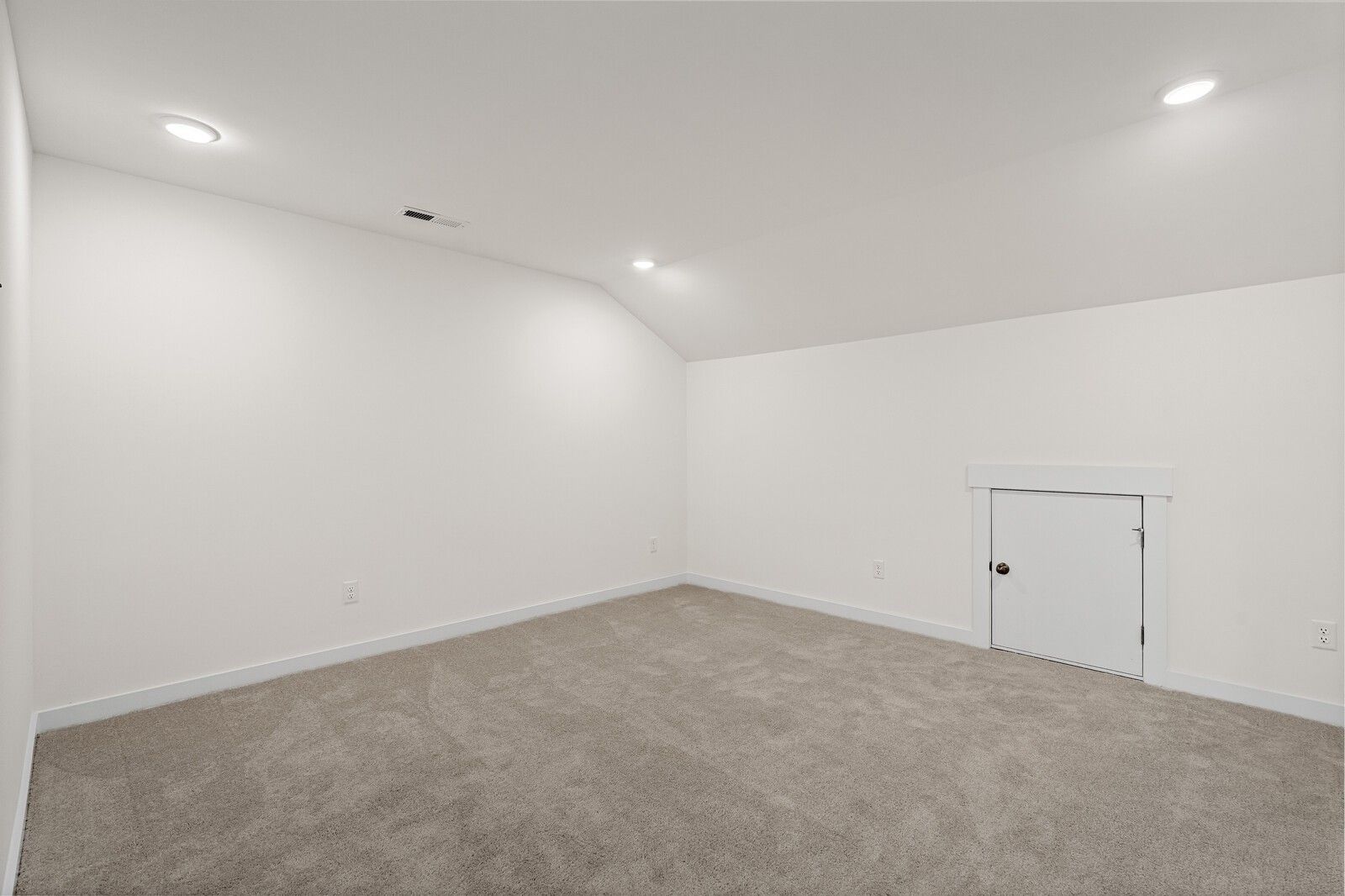 Spacious empty bonus room with beige carpet, white walls, recessed lights, and low storage door in The Ridgeport D, Mt. Juliet, TN