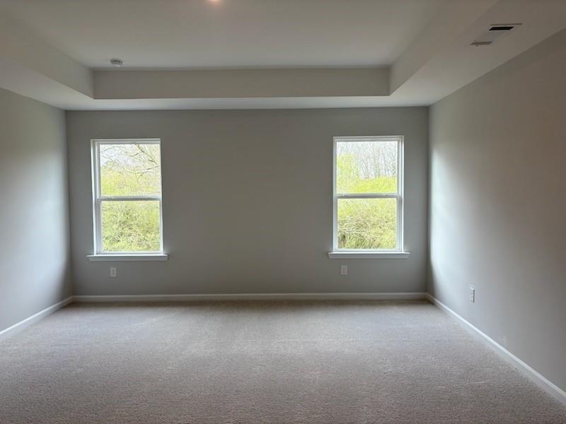 Spacious empty bedroom with light gray walls, beige carpet, tray ceiling, and double windows overlooking trees in Davidson Homes Hickory B, Winder, GA