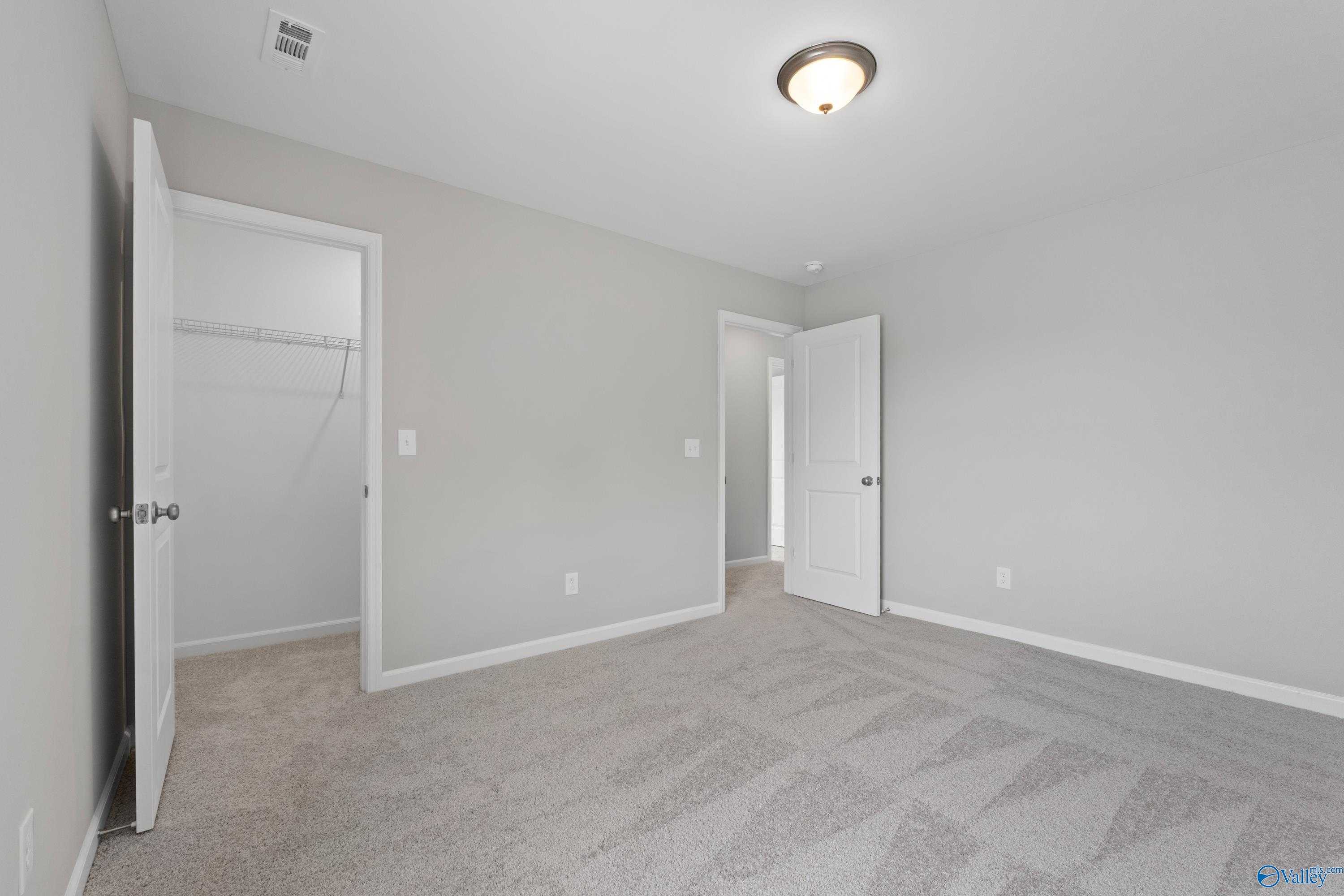 Bright secondary bedroom with neutral gray walls, beige carpet, open closet, and bathroom door in Davidson Homes The Stella, Hazel Green, AL