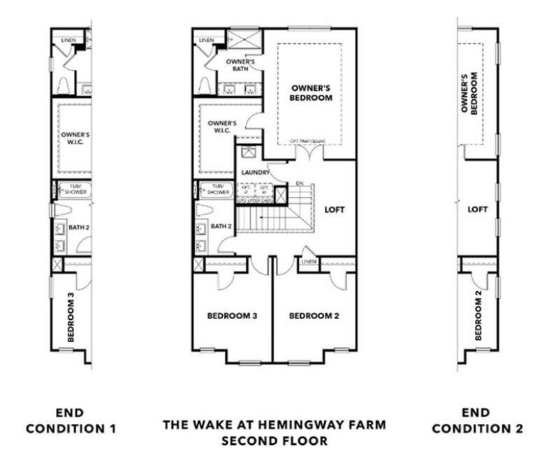 Second floor plan of The Wake E: owner's suite with bath and WIC, loft, bedrooms 2-3, baths in Cumming, GA home