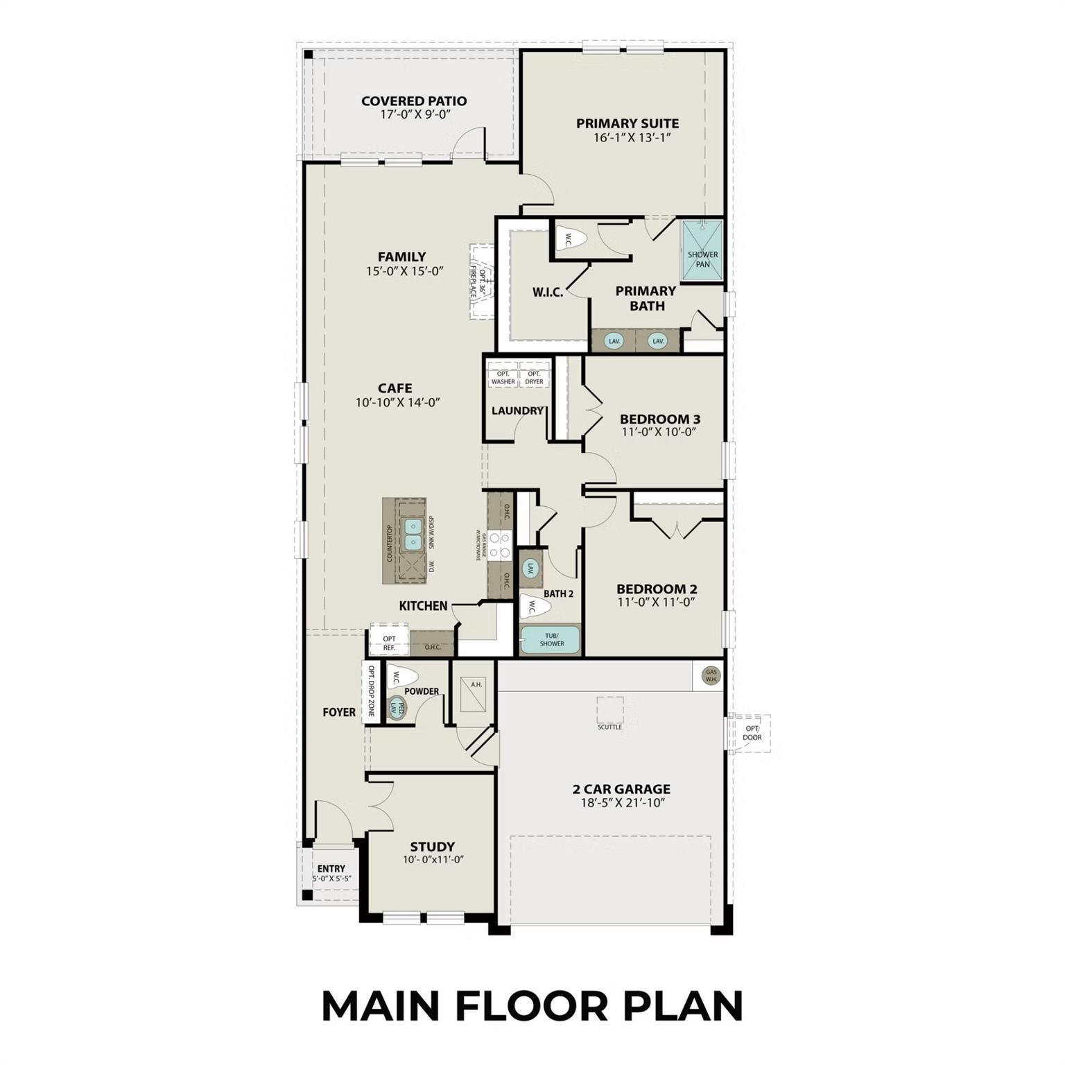 Main floor plan of The Riviera A: 3-bed, 2.5-bath, 1,841 sq ft 1-story home with 2-car garage by Davidson Homes in Beasley, TX