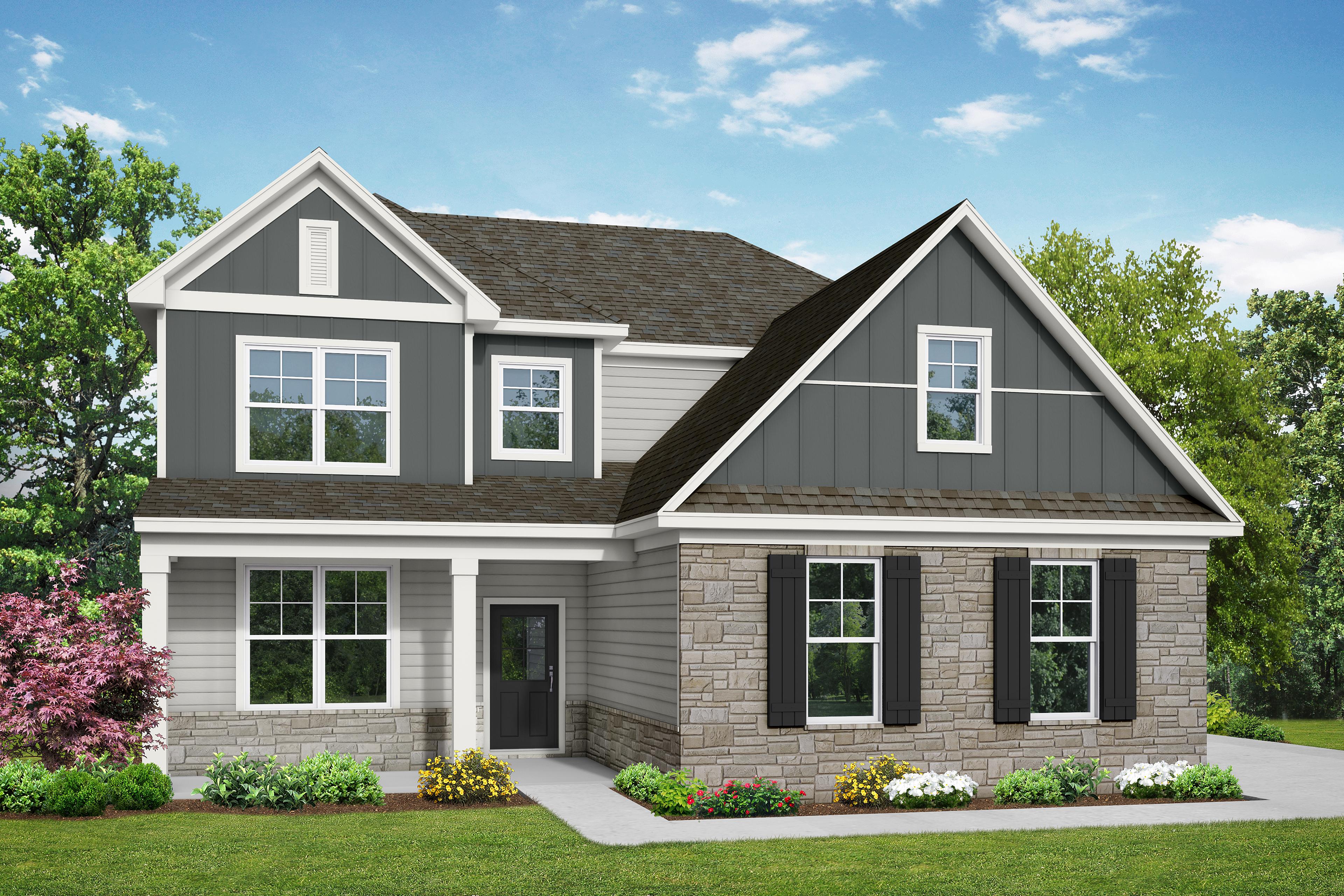 Two-story exterior elevation of The Ash C featuring a stone and siding facade, covered entryway, and landscaped front yard.