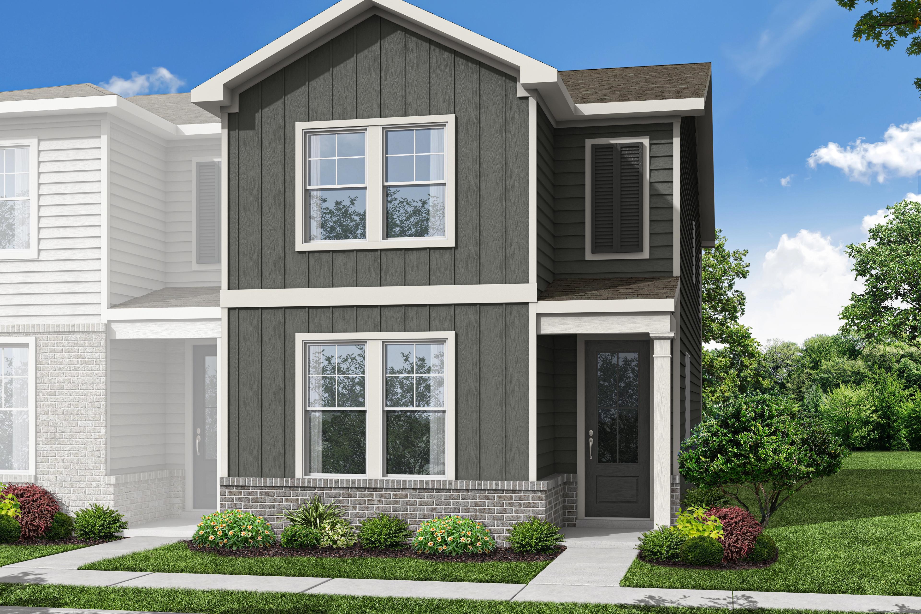 Two-story multi-family duplex The Monroe B with gray board-and-batten siding, white brick base, front porch, and landscaped yard in Emerson, Georgia