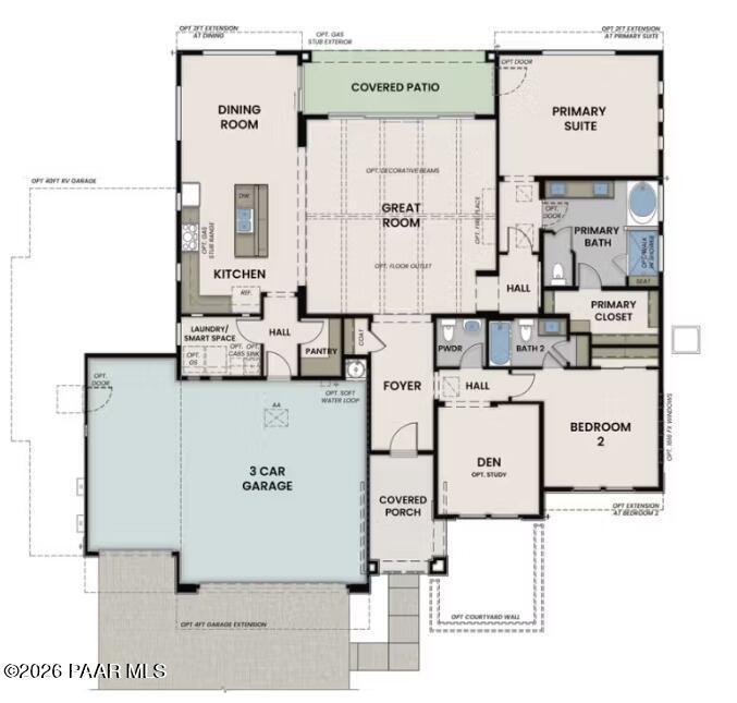 Detailed floor plan of The Aurea C by Davidson Homes: 2-bed, 3-bath, 2,148 sq ft 1-story with 3-car garage in Hidden Hills, Prescott, AZ