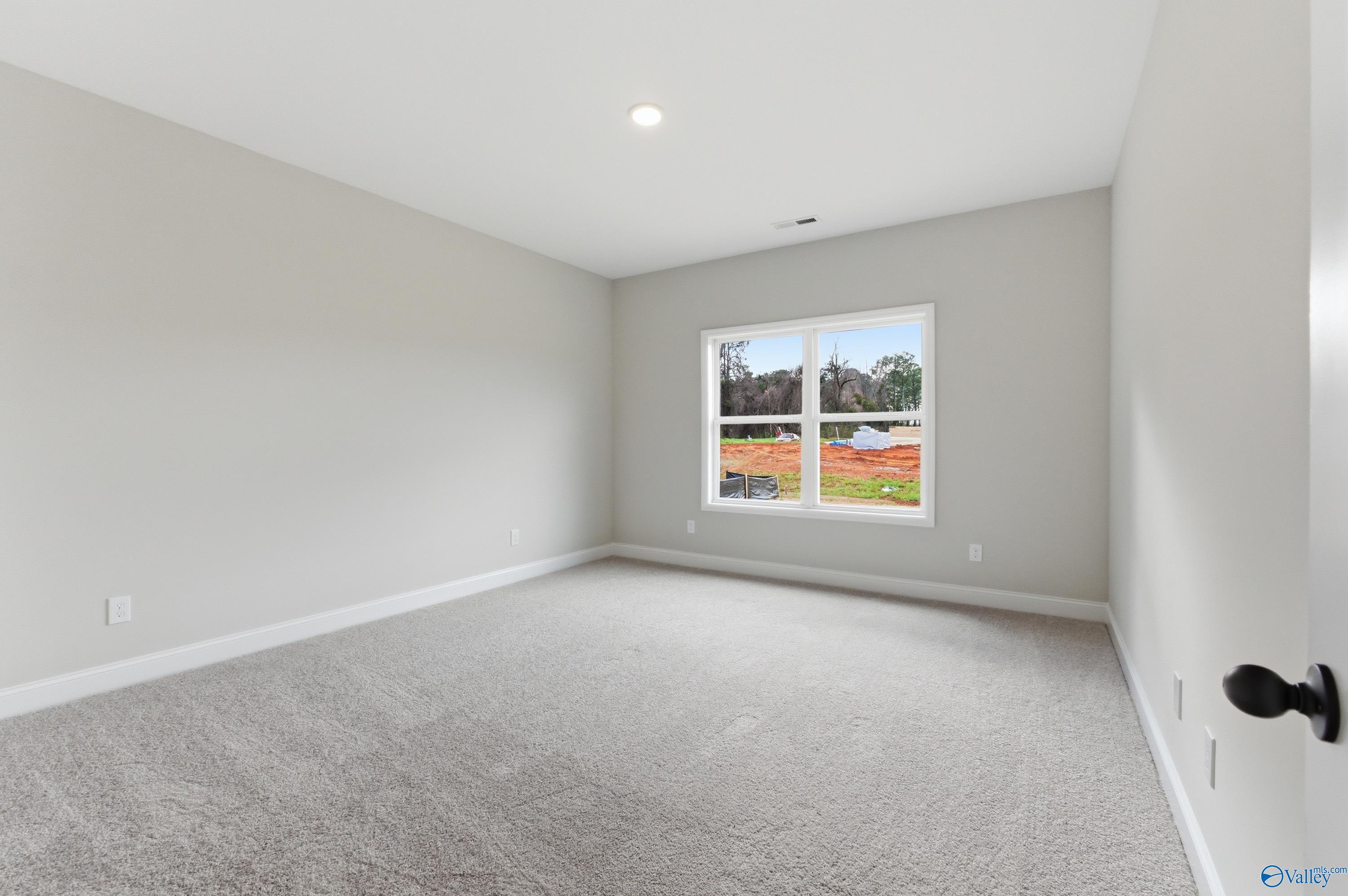 Empty bedroom featuring light gray walls, plush carpet, large window with blinds in Davidson Homes The Daphne C, Huntsville, Alabama