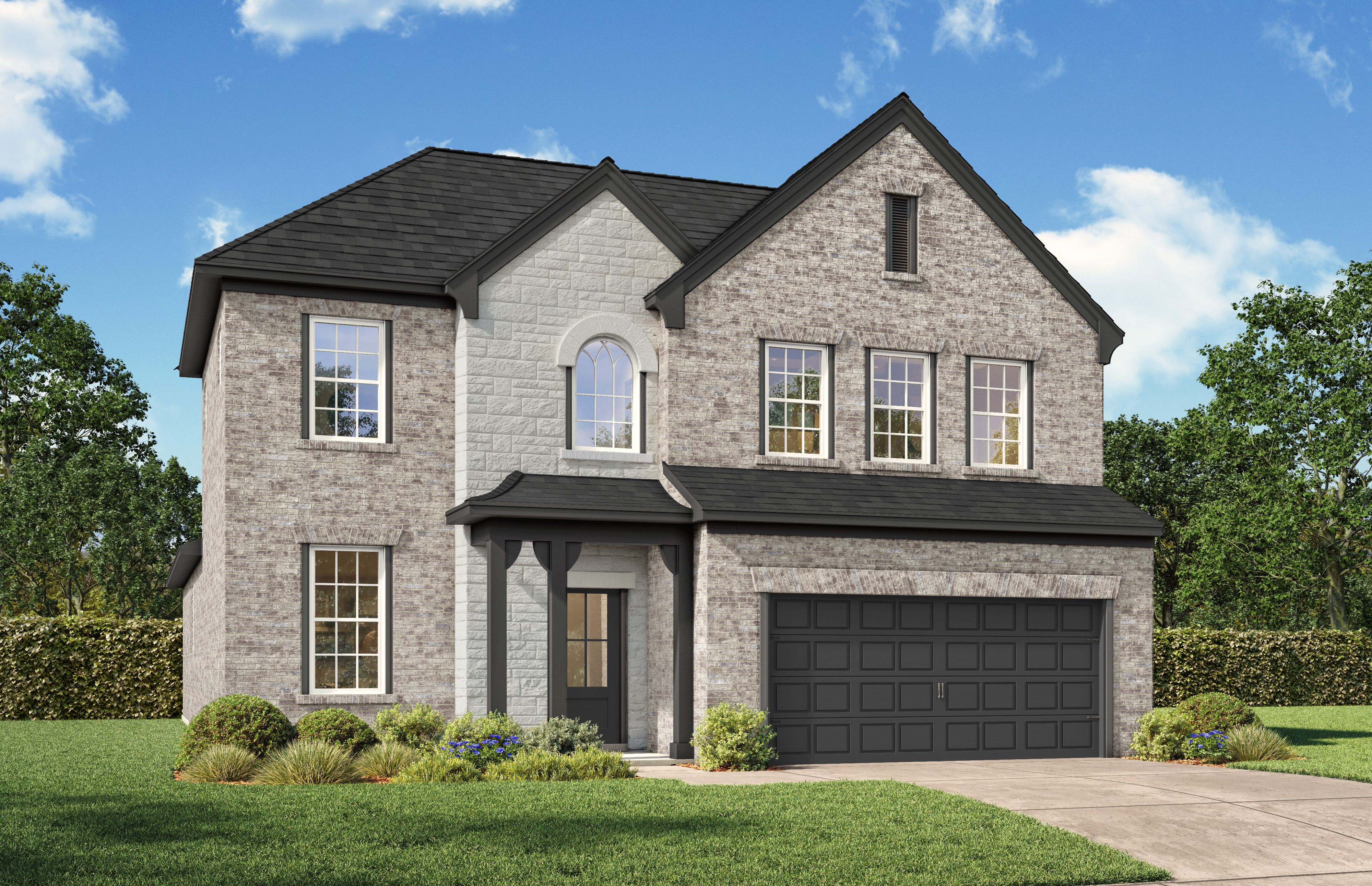 Two-story brick home elevation of The Ashport by Davidson Homes, featuring stone accents, covered porch, and two-car garage in Josephine, Texas