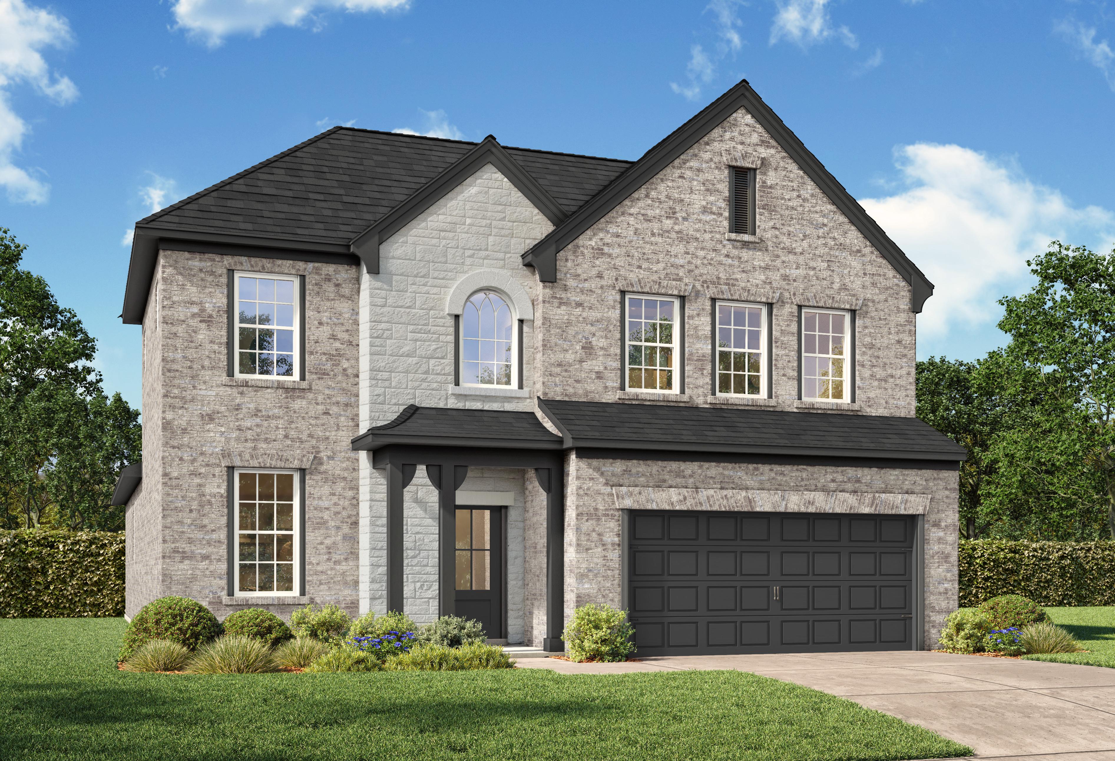Two-story brick home elevation of The Ashport by Davidson Homes, featuring stone accents, covered porch, and two-car garage in Josephine, Texas