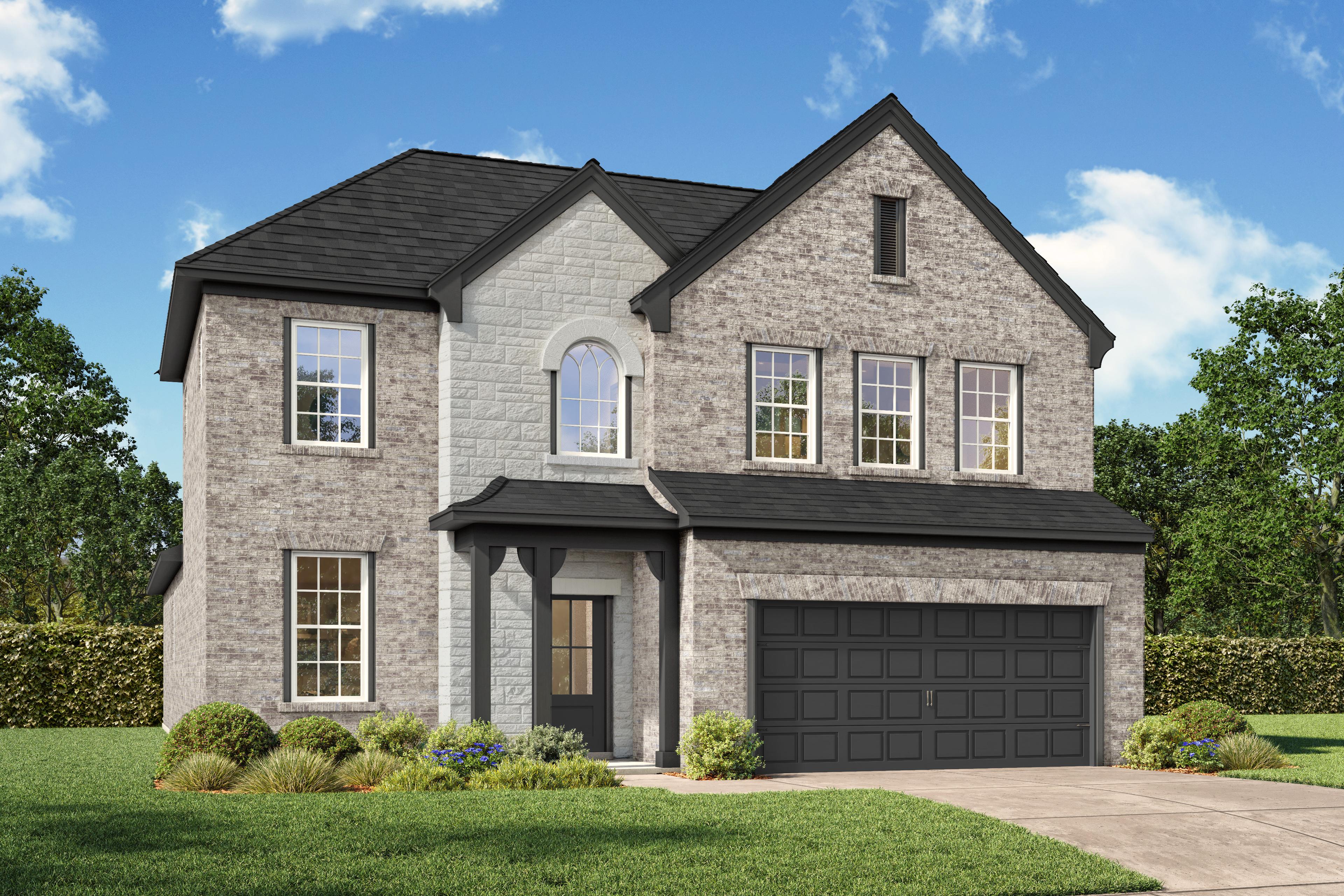 Two-story brick home elevation of The Ashport by Davidson Homes, featuring stone accents, covered porch, and two-car garage in Josephine, Texas