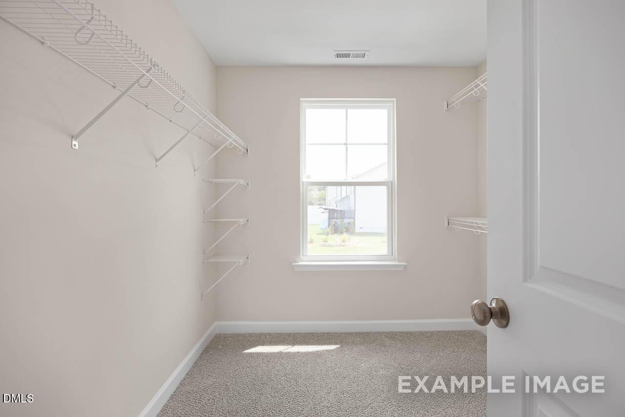 Spacious walk-in closet with white wire shelving, beige walls, and sunny window in Davidson Homes The Willow D, Lillington, NC